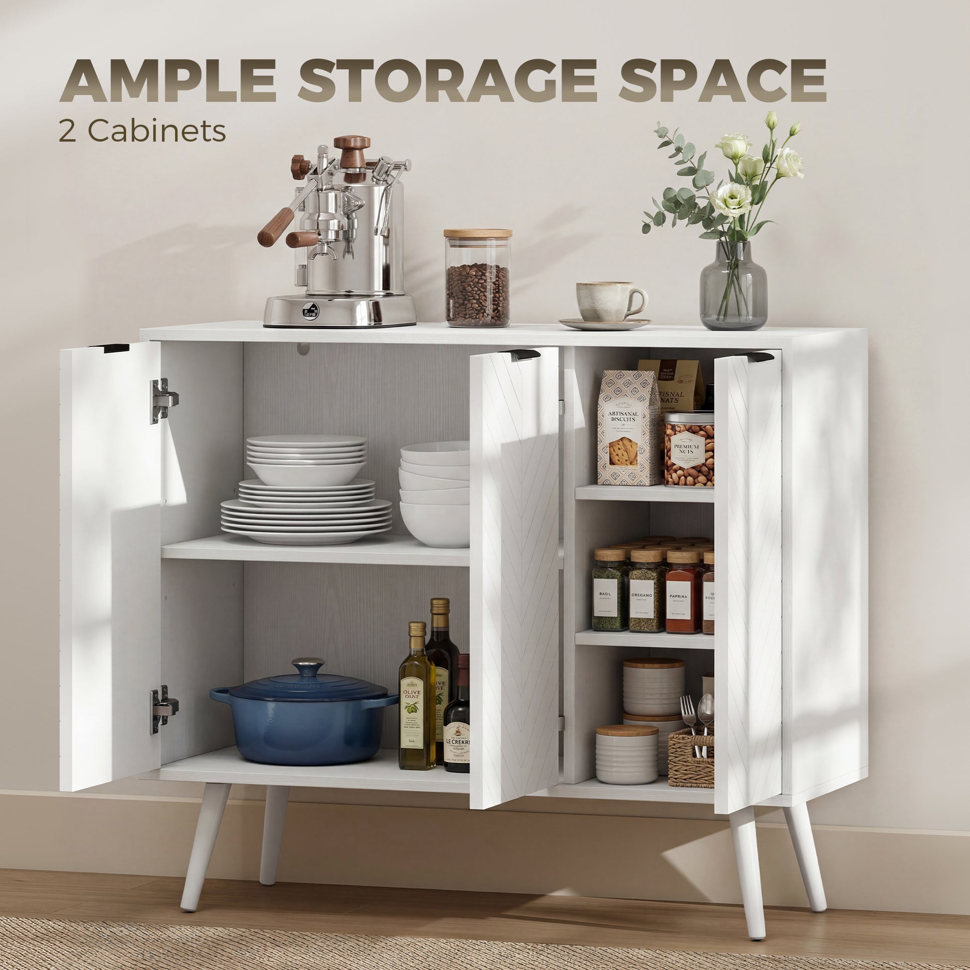 Modern Sideboard and Buffet, Dining Room Cabinet with Adjustable Shelves and 3 Doors, White