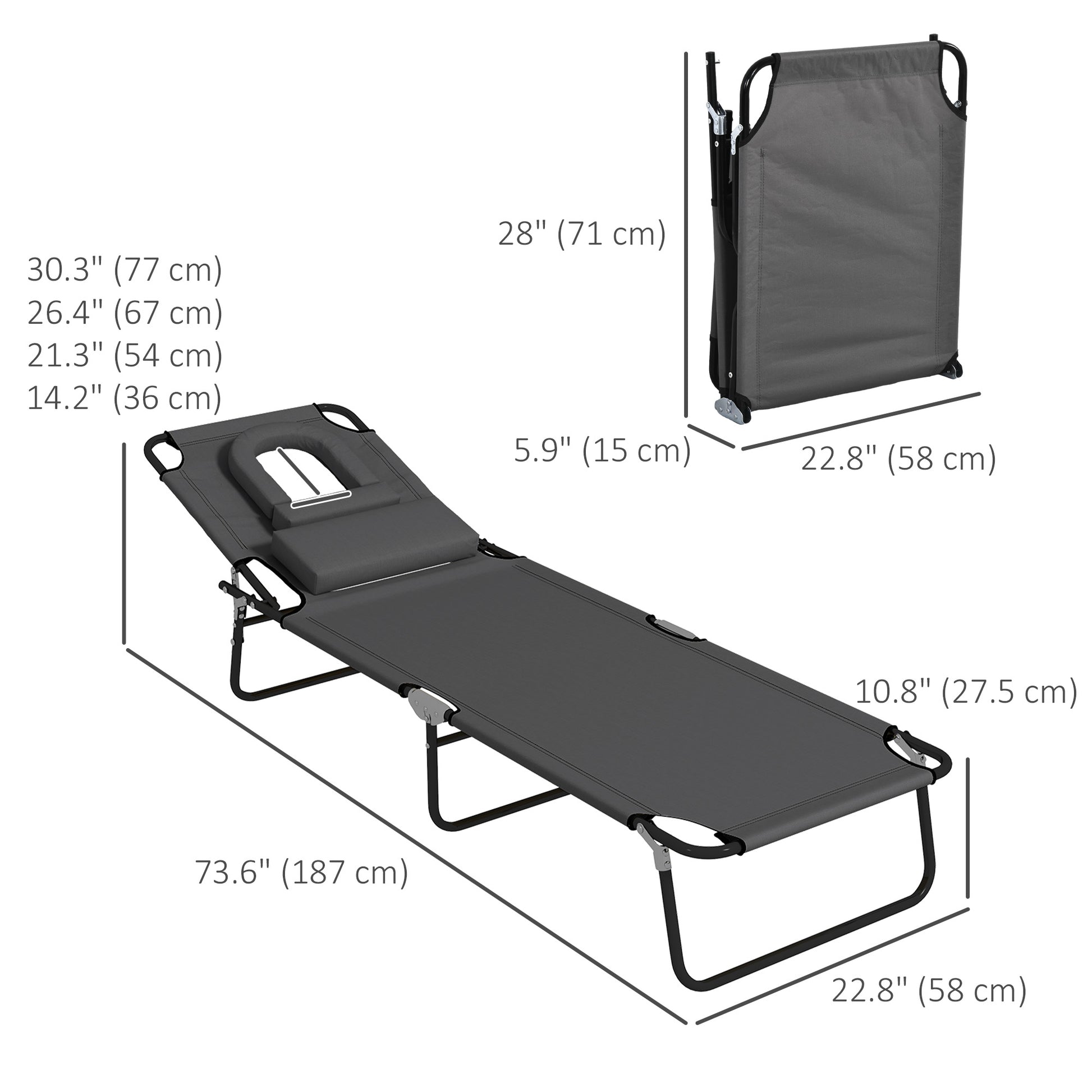Folding Lounge Chair Set of 2, Reclining Beach Tanning Chair with Face Hole, Pillow, 4-Position Adjustable Flat Sun Loun