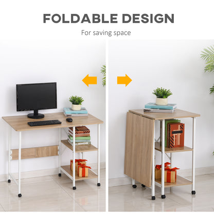 Folding Computer Desk with Storage Shelves, Study Writing Table Laptop Desk with 6 Wheels for Bedroom Home Office Workst