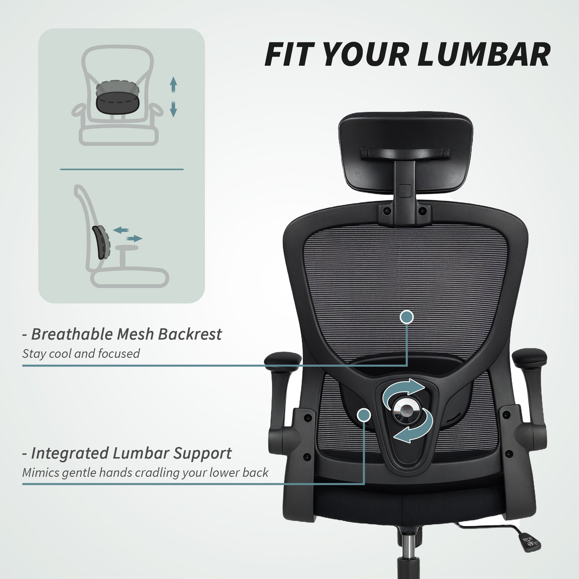 Ergonomic Office Chair, Mesh Desk Chair with Adjustable Headrest, Lumbar Support and Height, Flip-Up Armrests, Black
