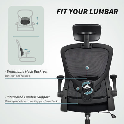 Ergonomic Office Chair, Mesh Desk Chair with Adjustable Headrest, Lumbar Support and Height, Flip-Up Armrests, Black