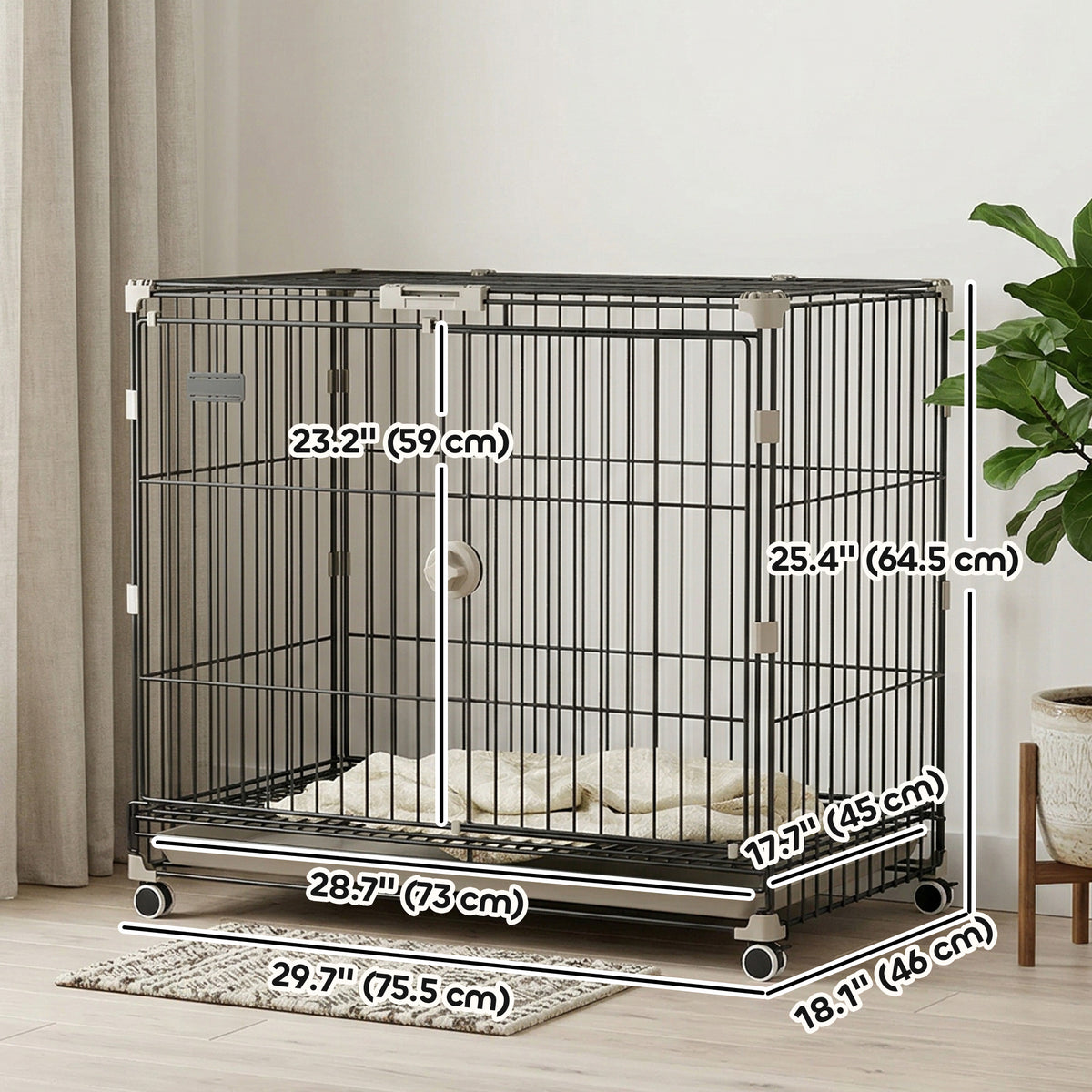 Dog Crate, 30 Inch Metal Dog Cage with Removable Tray, Lockable Wheels, 2 Doors for Small Medium Breeds, Black