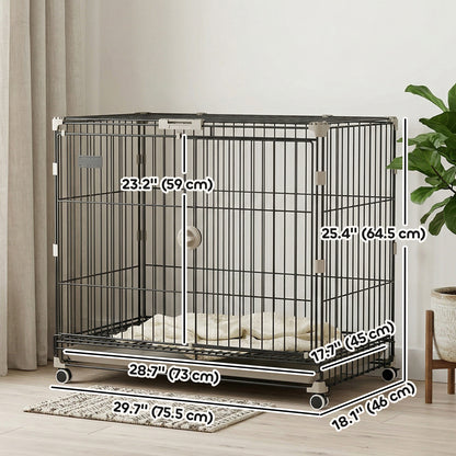 Dog Crate, 30 Inch Metal Dog Cage with Removable Tray, Lockable Wheels, 2 Doors for Small Medium Breeds, Black
