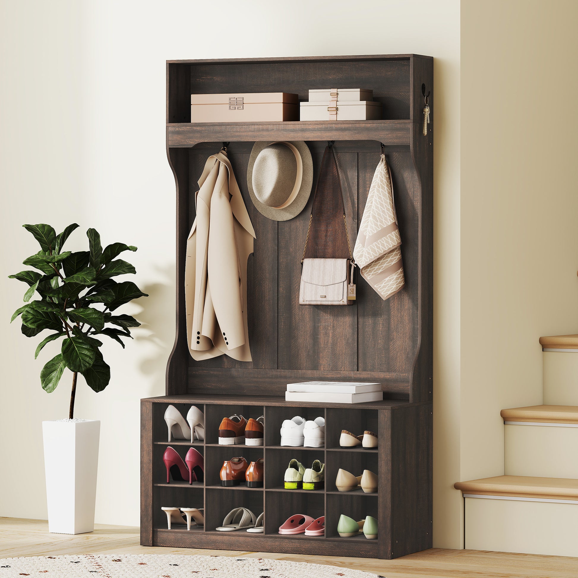 4-In-1 Hall Tree with Bench and Shoe Storage, Farmhouse Coat Rack Shoe Bench with 12 Shoe Cubbies, 6 Hooks, Dark Brown