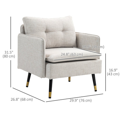 Accent Chair, Upholstered Armchair with Tufted Back Cushion and Steel Legs for Living Room, Bedroom, Cream White