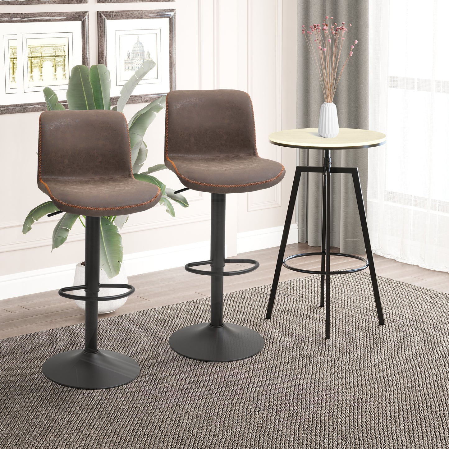 Bar Stools Set of 2, Swivel Counter Height Bar Stools with Adjustable Height and Footrest, PU Leather Upholstered Kitche