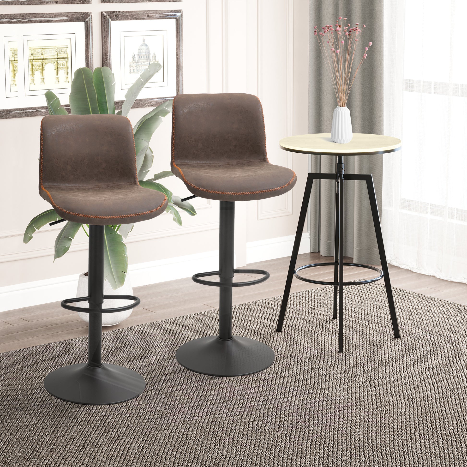 Bar Stools Set of 2, Swivel Counter Height Bar Stools with Adjustable Height and Footrest, PU Leather Upholstered Kitche