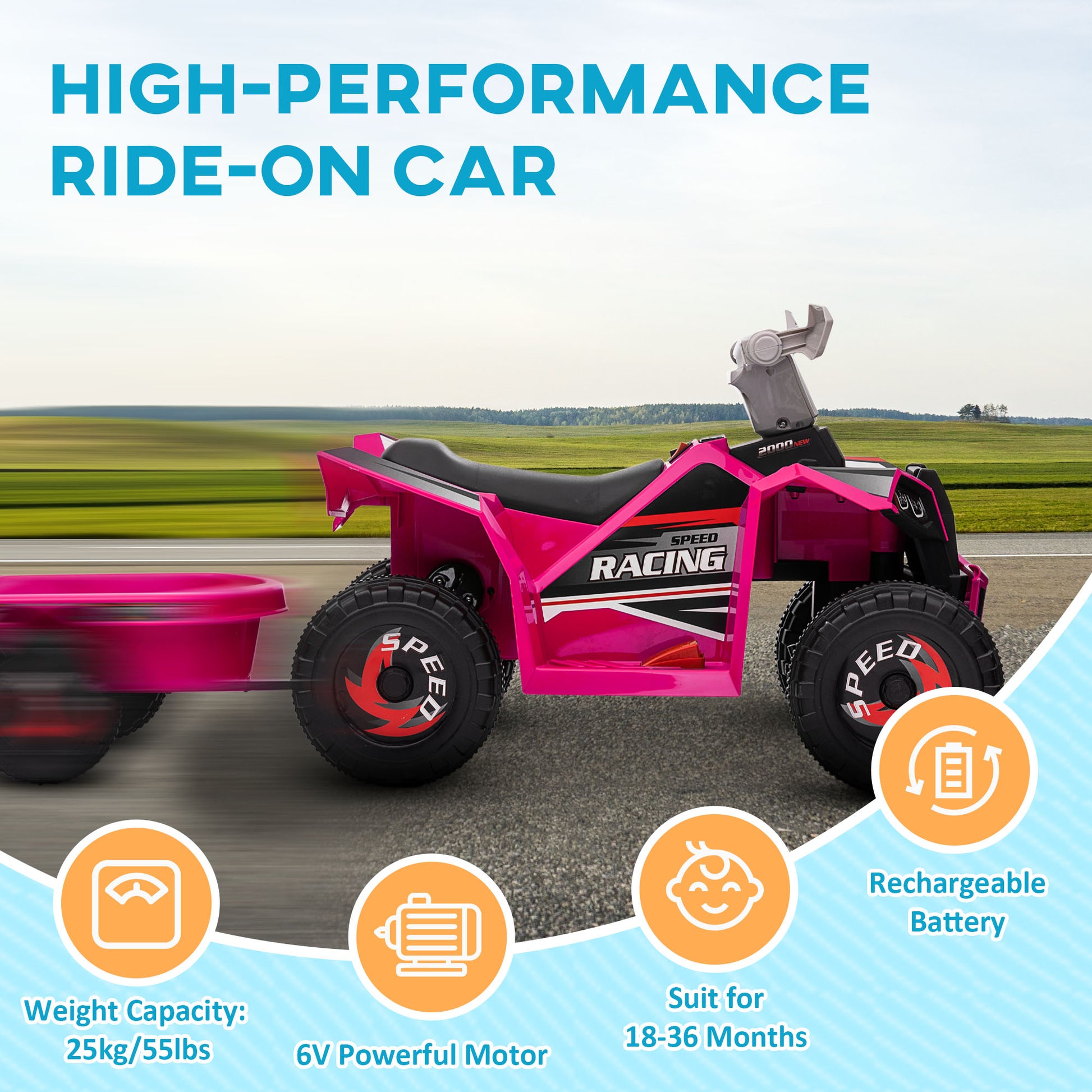 VarietyKart 6V Electric Toy Car with Back Trailer, Forward Backward, Wear-Resistant Wheels for Ages 18-36 Months, Pink