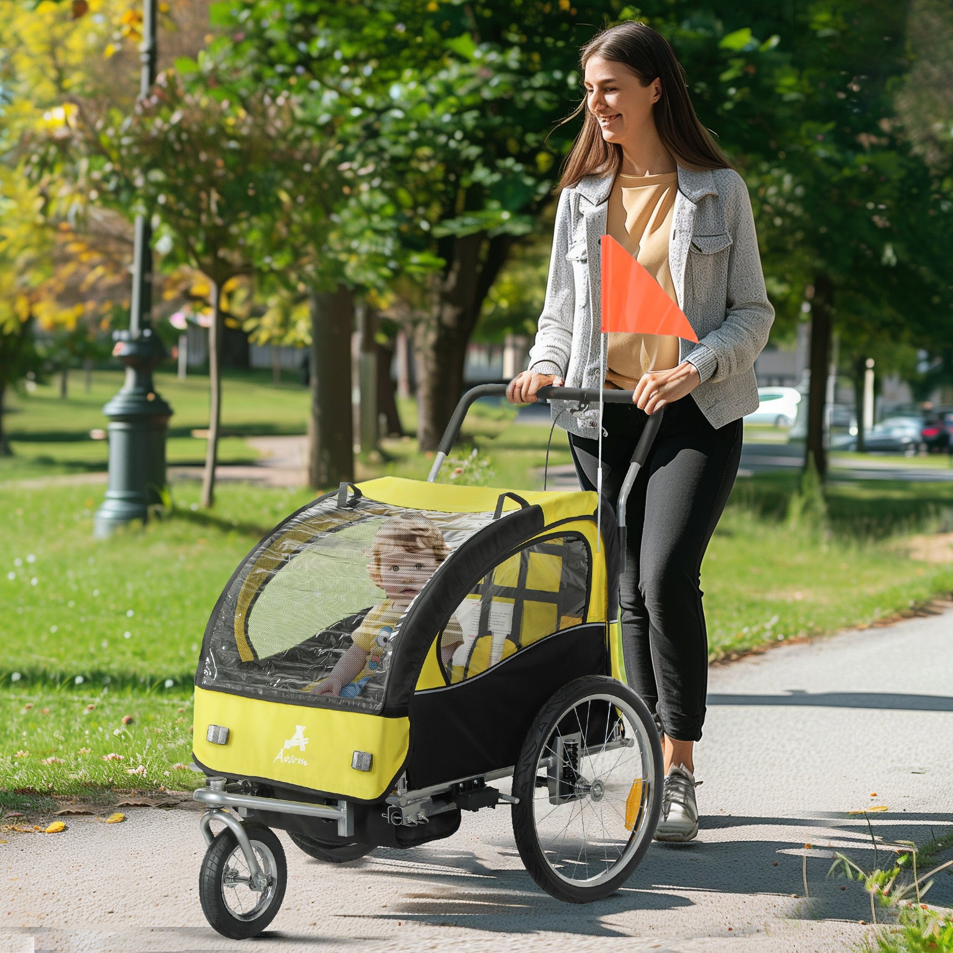 VarietyKart 2-in-1 Bike Trailer for Kids, Foldable 2-Seat Baby Stroller with 5-Point Harness, Rubber Wheels, Storage Bag
