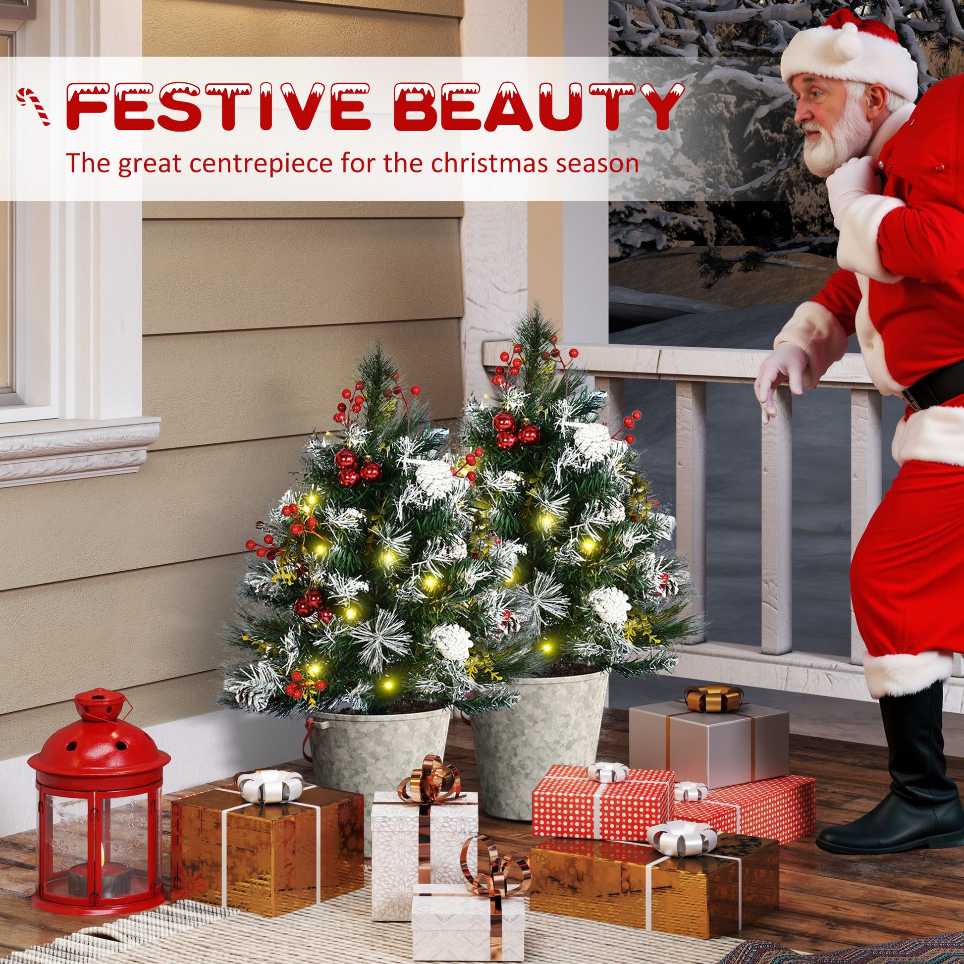 2 Foot/23 inch 2 Pack Prelit Artificial Christmas Tree Cordless with 70 Branches, Warm White LED lights, Red Berries, Pi