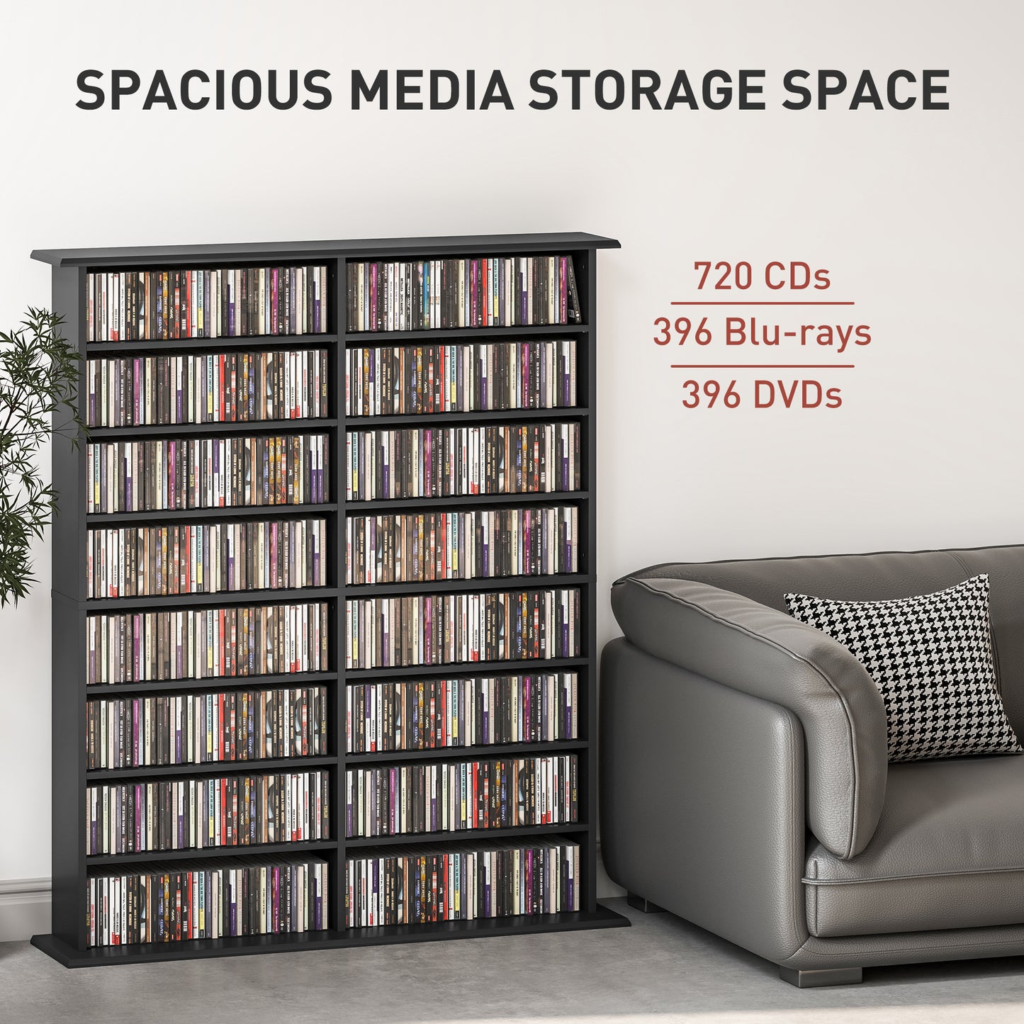 8-Tier DVD Shelf with 12 Adjustable Shelves, Double CD Shelf, Holds 720 CDs, 396 DVDs or 396 Blu-rays, Black