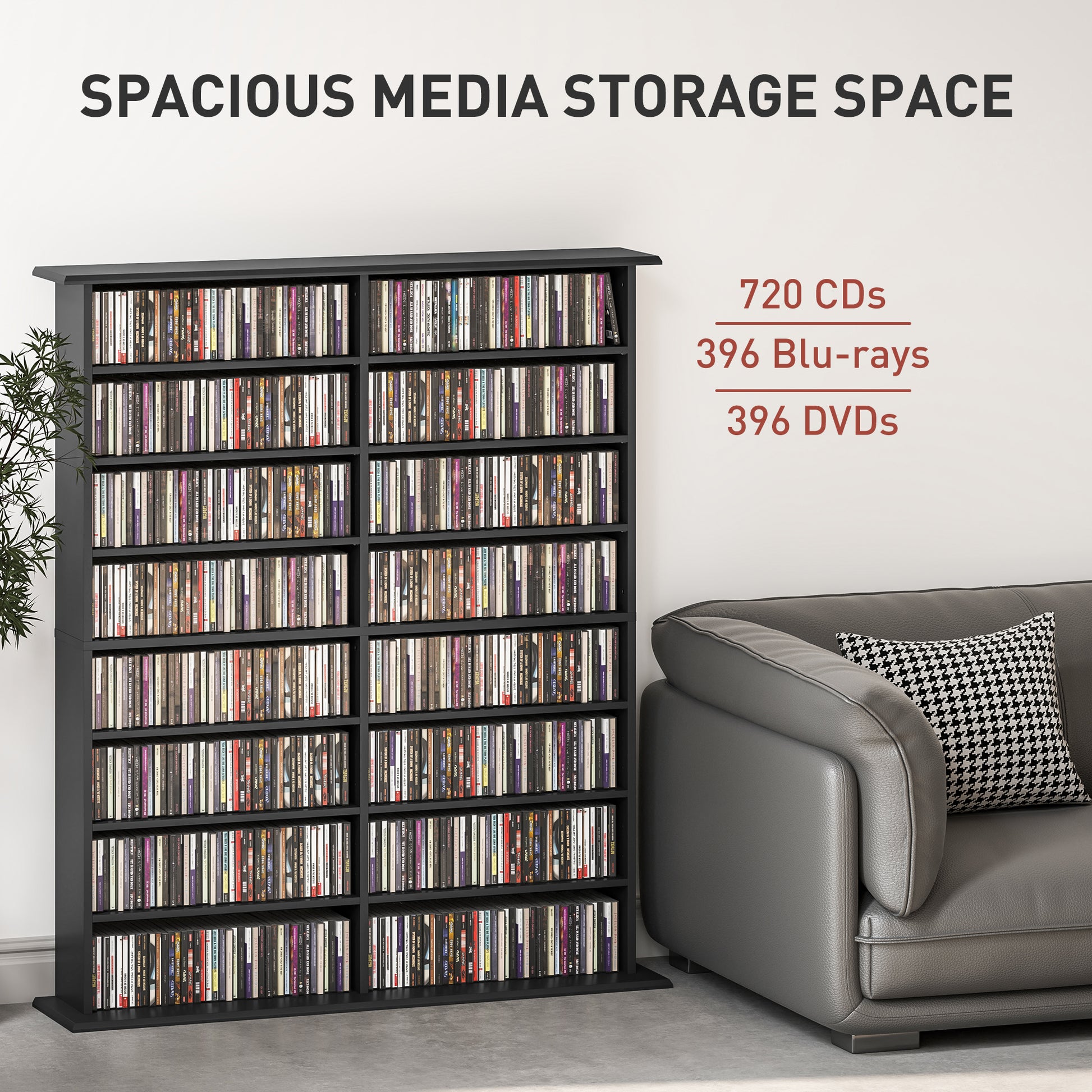 8-Tier DVD Shelf with 12 Adjustable Shelves, Double CD Shelf, Holds 720 CDs, 396 DVDs or 396 Blu-rays, Black