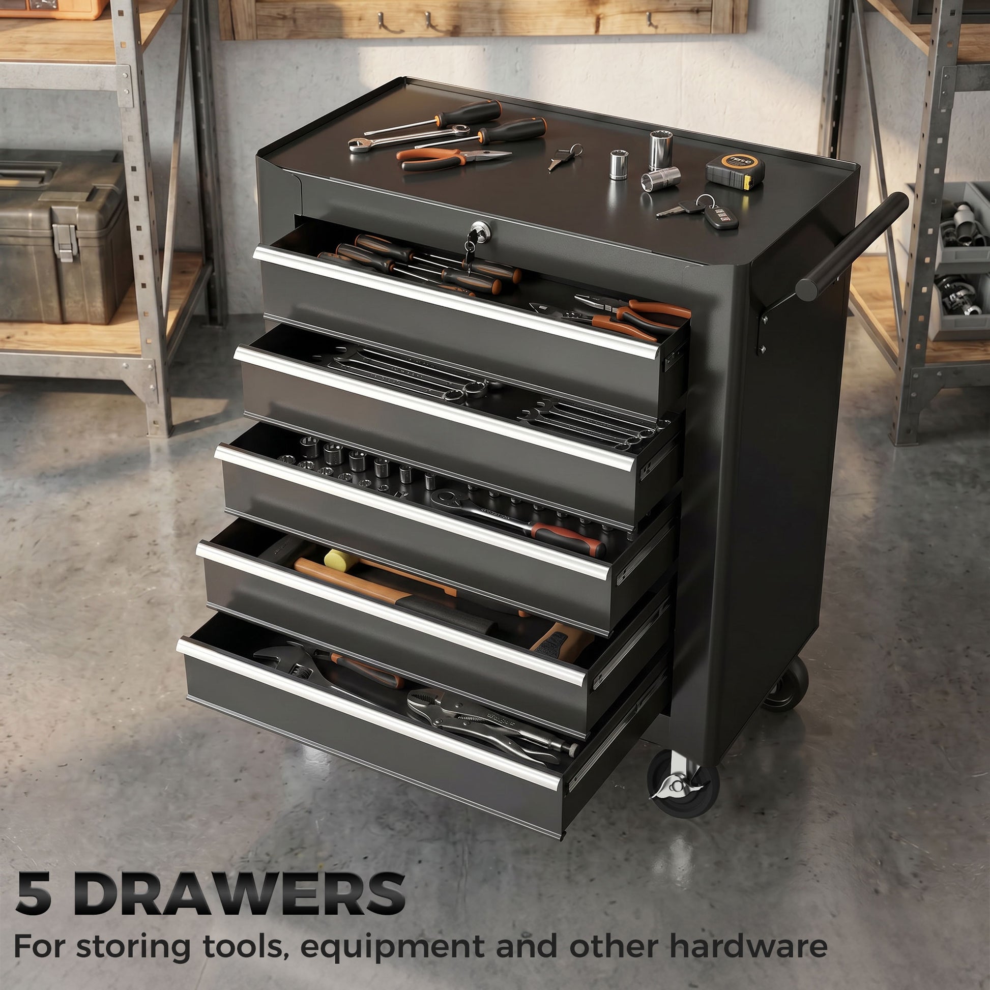Rolling Tool Chest, 5-Drawer Lockable Tool Cabinet with 4 Wheels, Handle, Toolbox Storage Organizer for Garage, Workshop