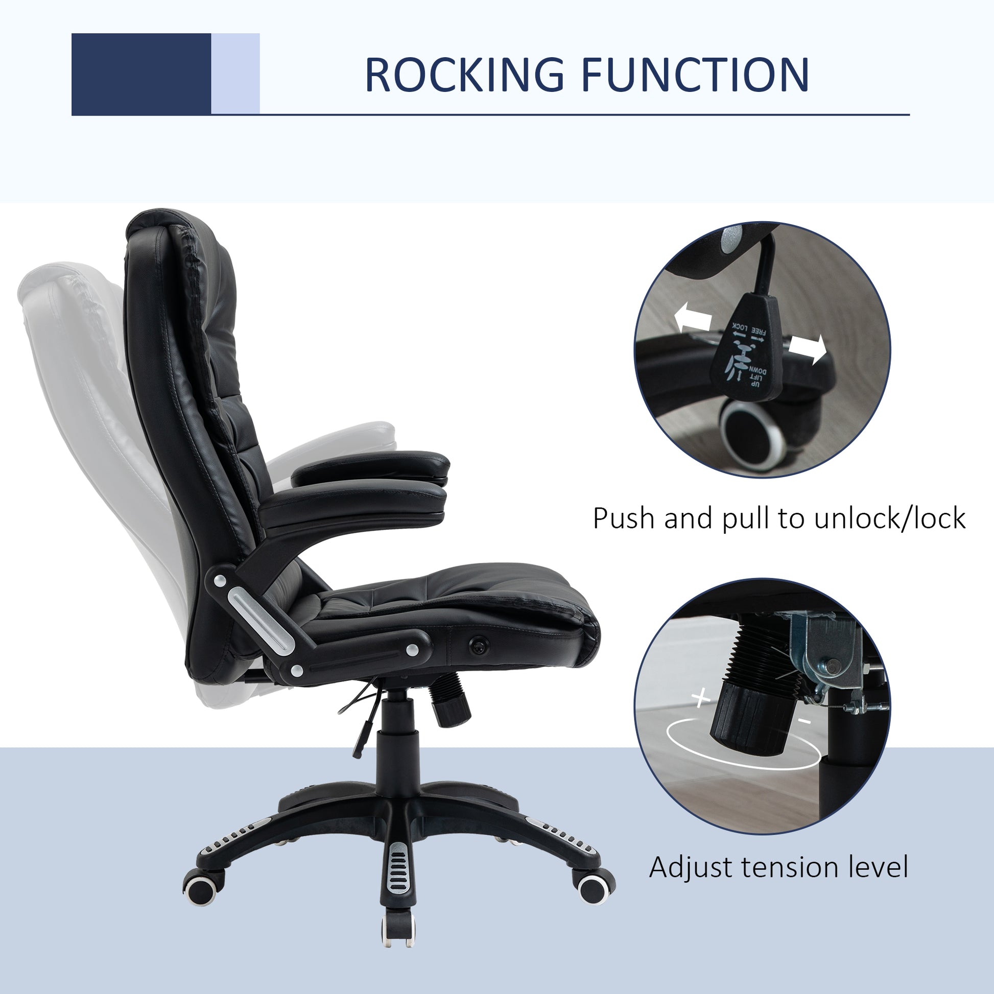 Executive Chair PU Leather Recliner Office Chair, with Swivel Wheels, Arm, Adjustable Height, High Back, Black