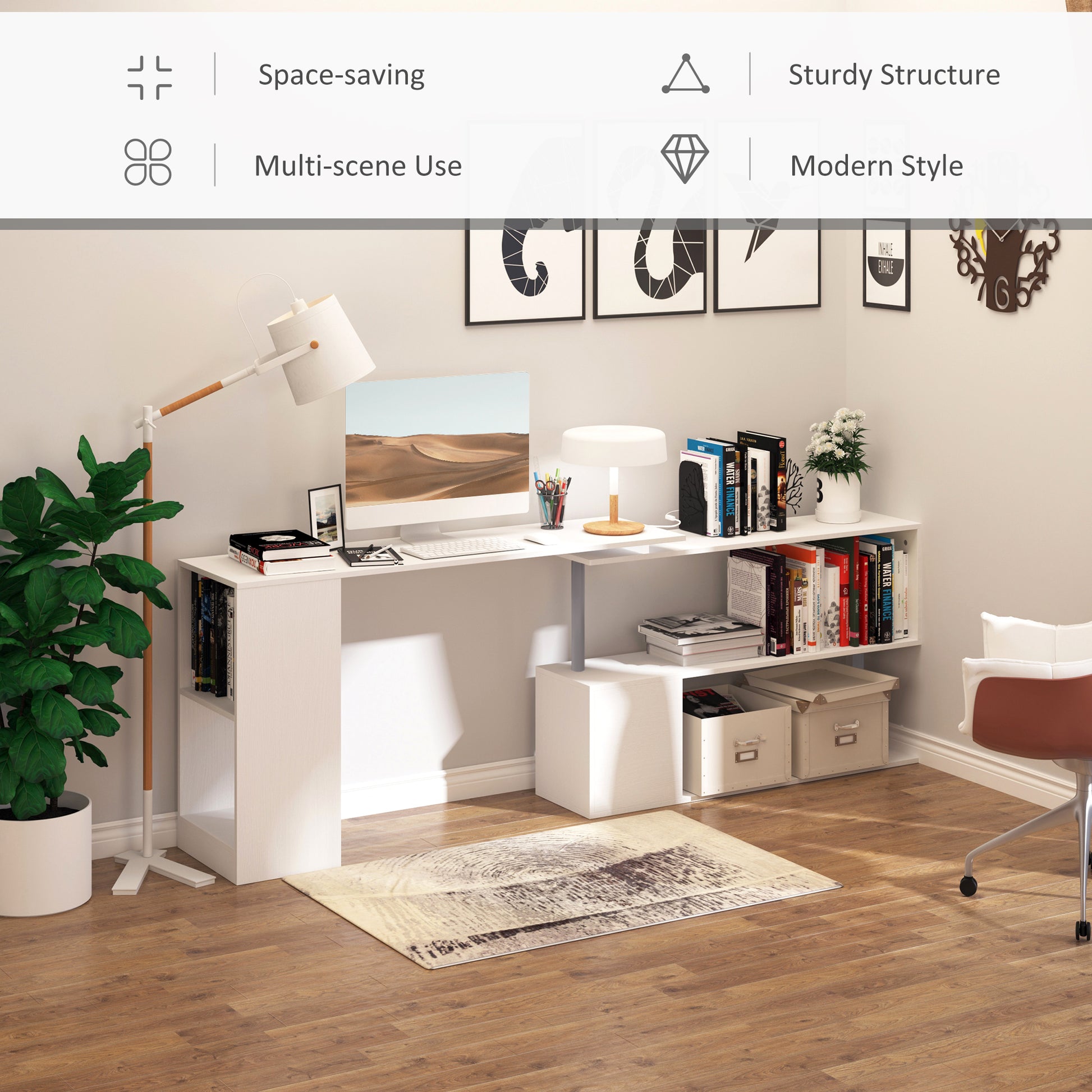 55" Corner Computer Desk, 360° Rotating L-Shaped Desk, Home Office Workstation with 3-Tier Shelves, Bookshelf, White