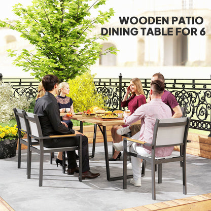 Wooden Outdoor Dining Table for 6 with 2" Umbrella Hole, Slatted Tabletop, Metal Frame, for Yard, Deck, Lawn