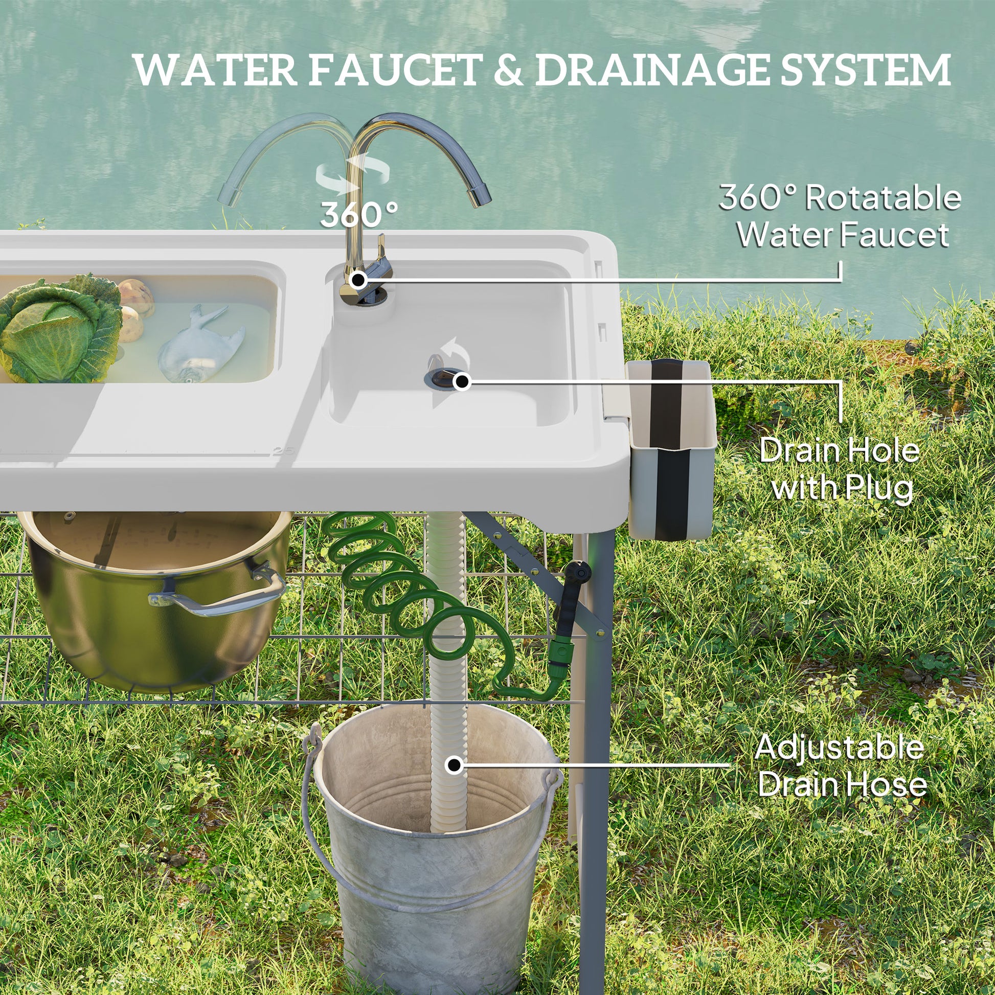 Folding Fish Cleaning Table with Sinks, Camping Sink with Faucet Drainage Hose Sprayer Shelf, White