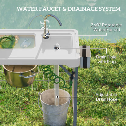 Folding Fish Cleaning Table with Sinks, Camping Sink with Faucet Drainage Hose Sprayer Shelf, White