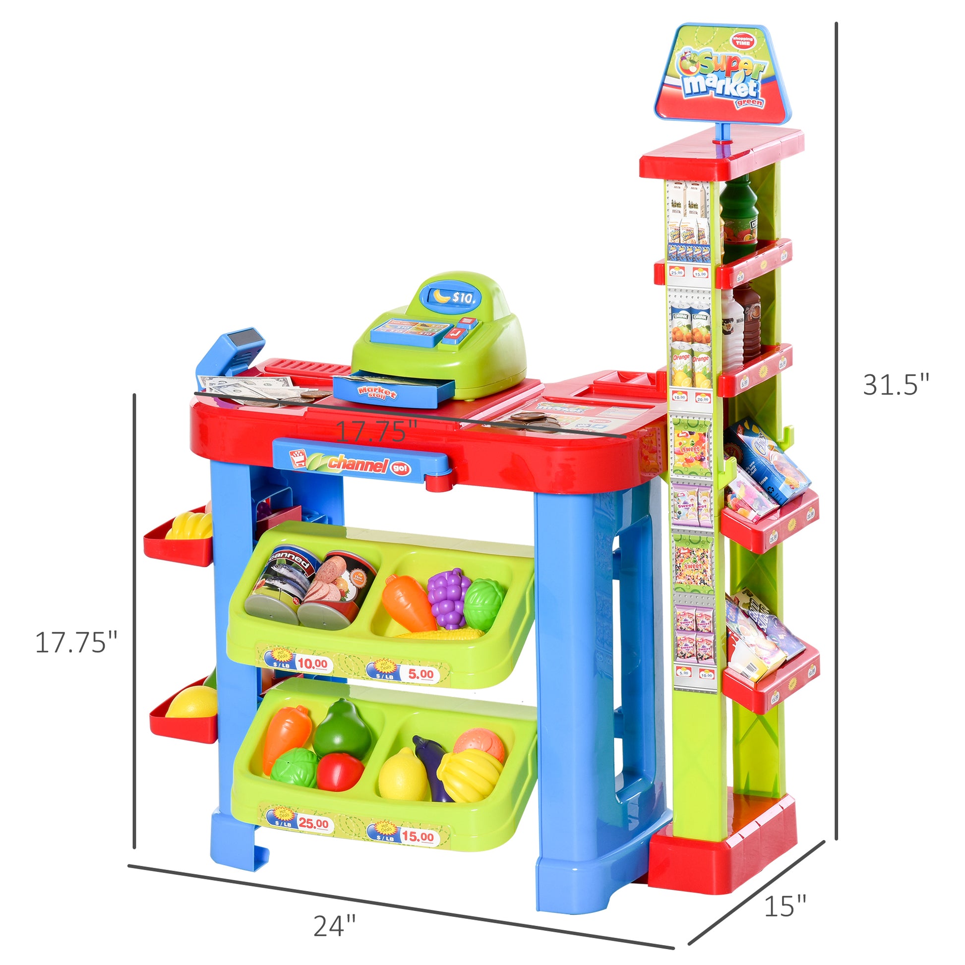 Qaba Kids Supermarket Playset with Cash Register – 50-Piece Grocery Store Pretend Play Toy with Checkout Counter for Boy