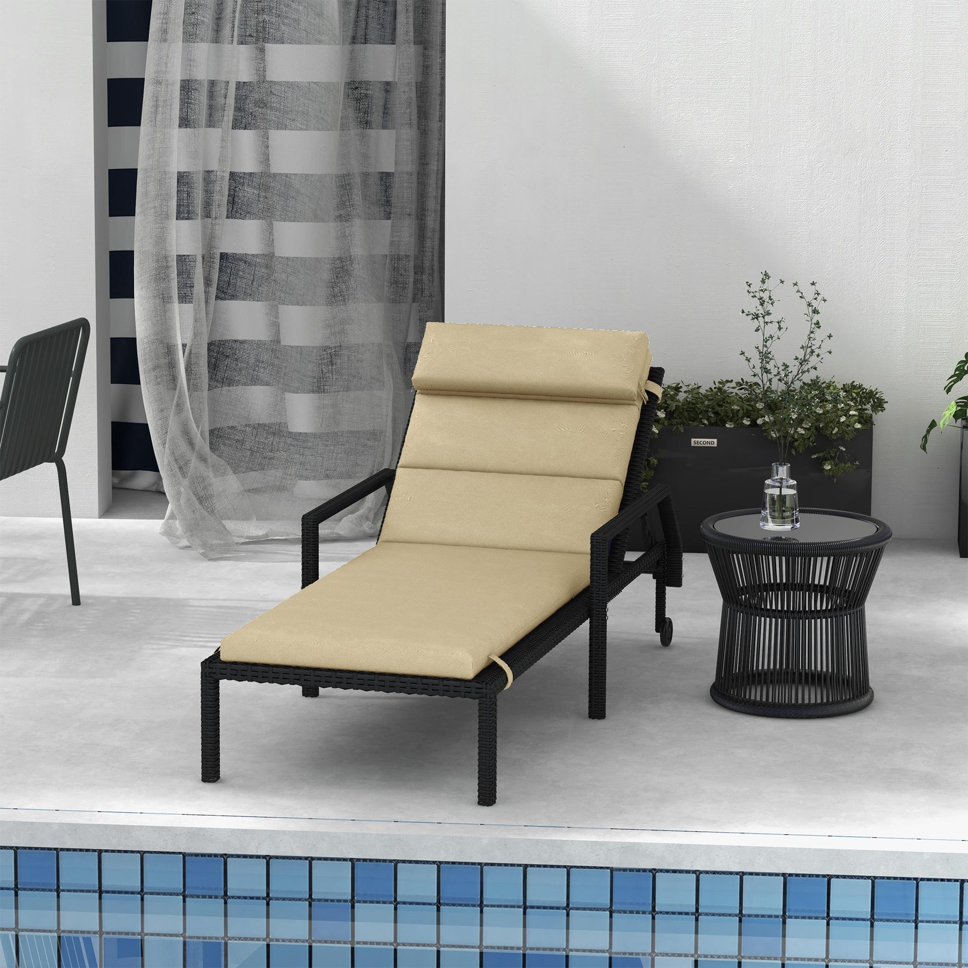 Patio Chaise Lounge Chair Cushion Replacement Sun Lounger Pads with Headrest and Ties, Beige