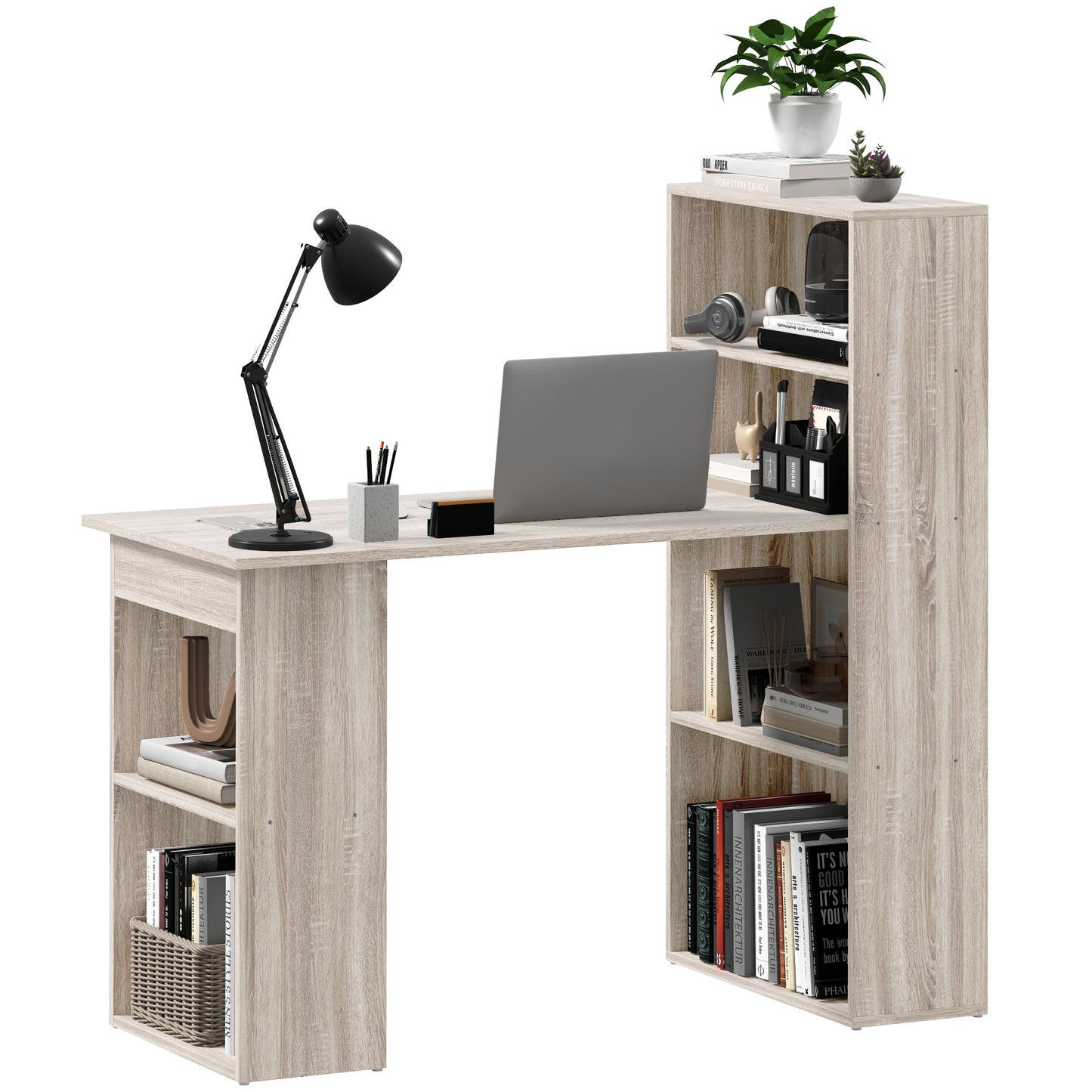 Computer Desk with Storage, PC Table with Bookshelf for Home Office, Study Room, Oak