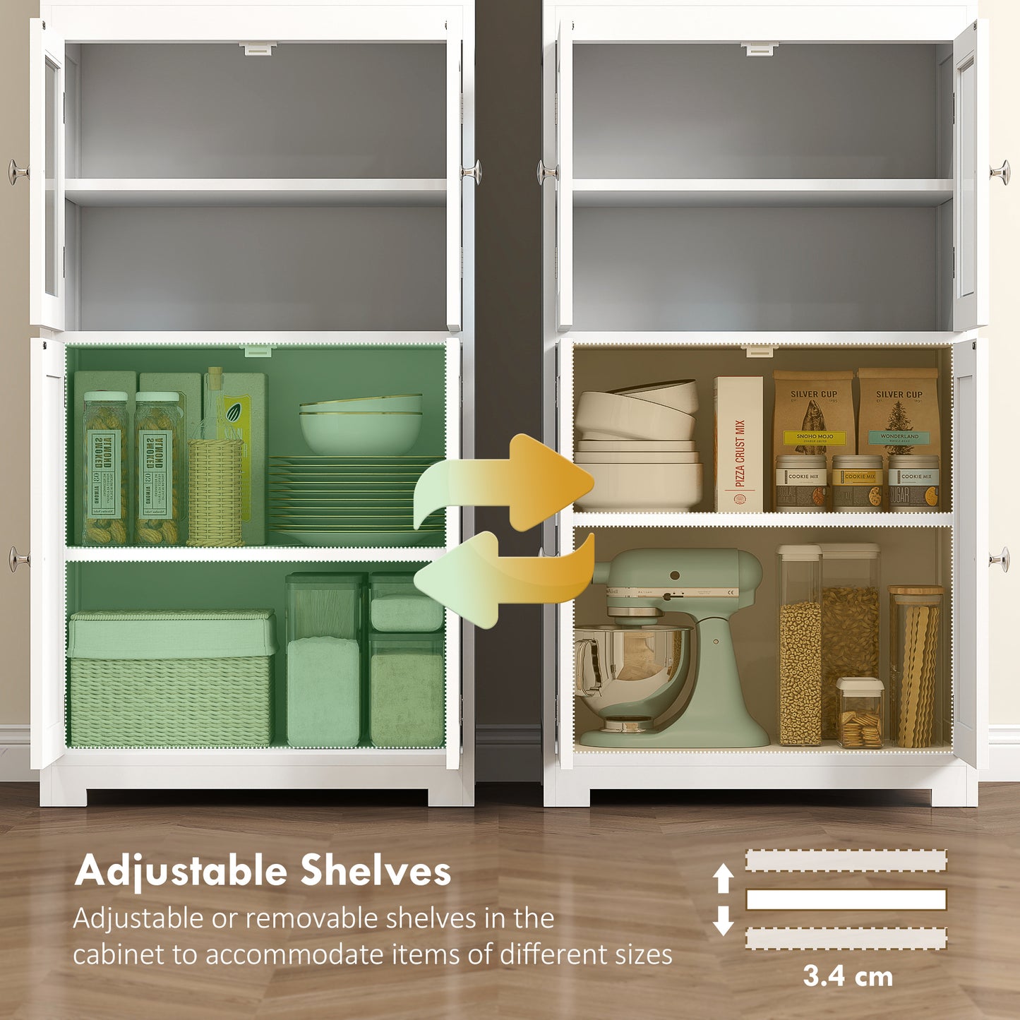 63" Small Buffet with Hutch, 4-Door Kitchen Pantry, Freestanding Storage Cabinet with Adjustable Shelf for Dining Room, 