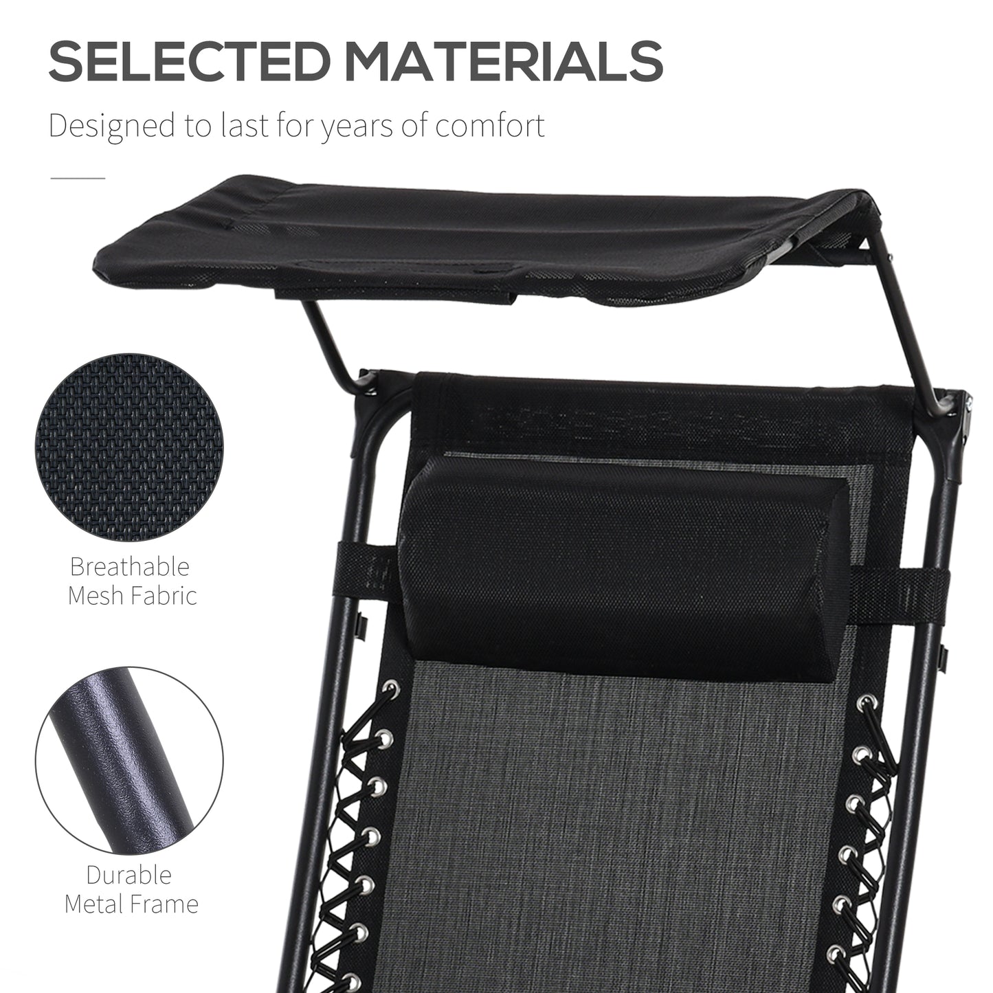 Outdoor Zero Gravity Reclining Lounger Chair with Canopy Shade, Side Tray, Cupholder, Black