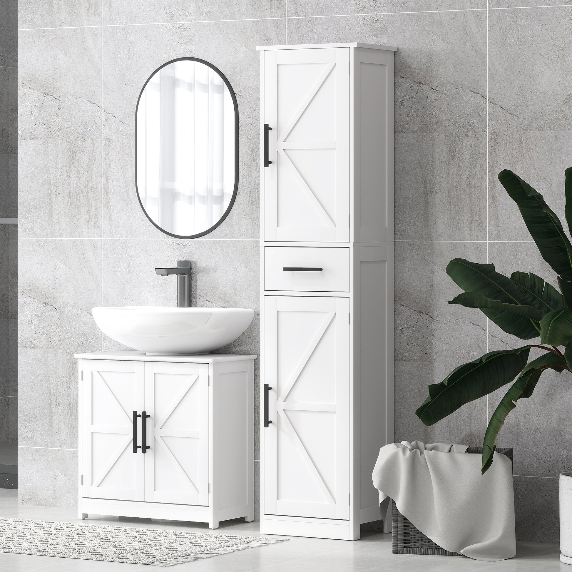 Farmhouse Pedestal Sink Storage Cabinet, Bathroom Under Sink Cabinet with 2 Barn Doors and Adjustable Shelf, White