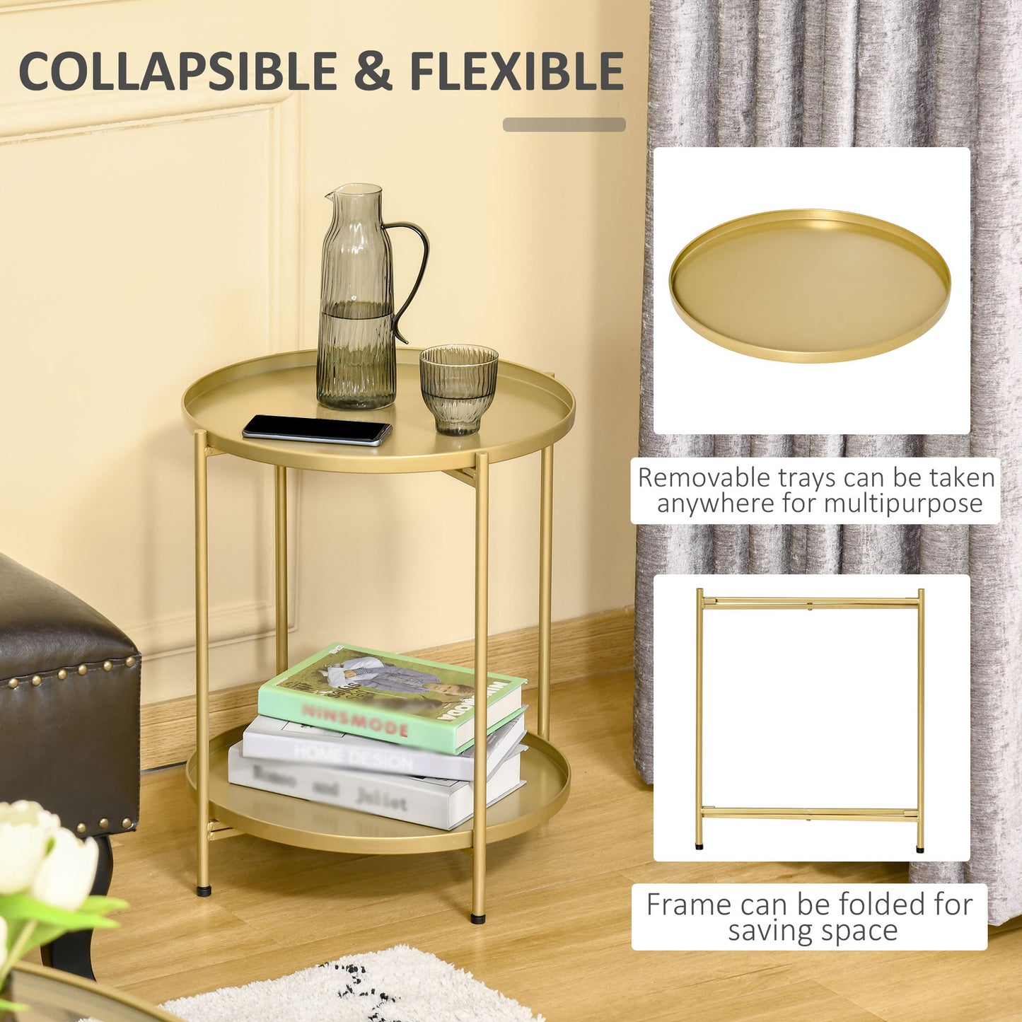 2-Tier Gold Side Table, Round Nightstand with Removable Trays Folding Metal Frame Adjustable Foot End Table for Living R