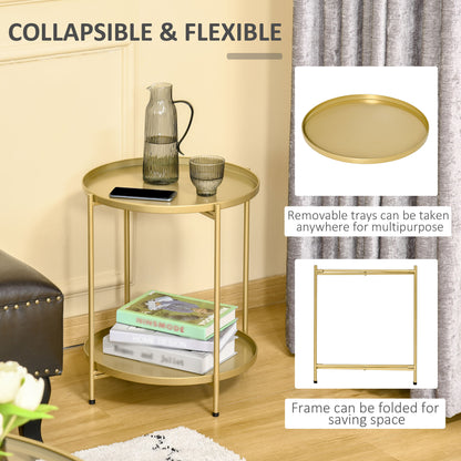2-Tier Gold Side Table, Round Nightstand with Removable Trays Folding Metal Frame Adjustable Foot End Table for Living R