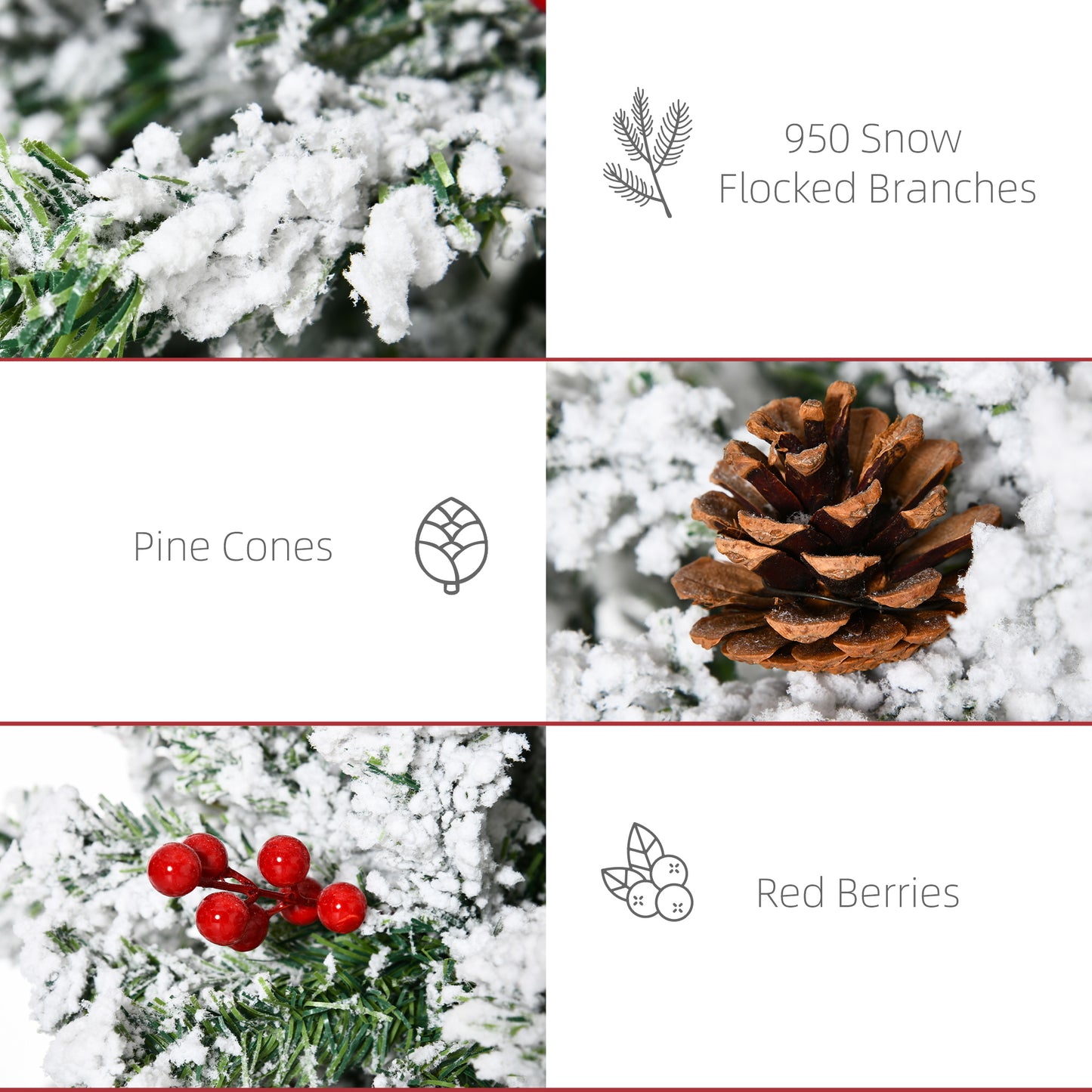 7.5 Foot Pencil Snow Flocked Artificial Christmas Tree with 950 Pine Realistic Branches, Pine Cones, Red Berries, Auto O