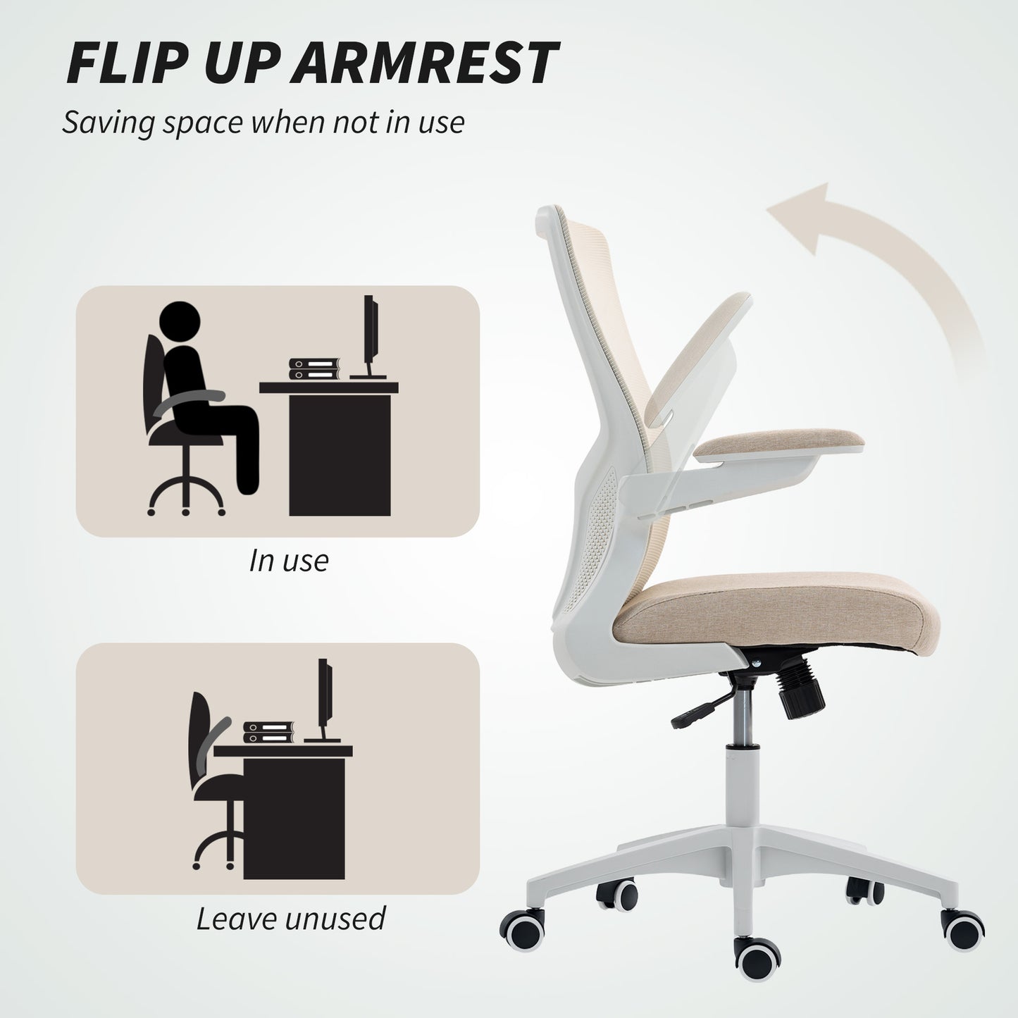 Ergonomic Office Chair, Swivel Desk Chair with Adjustable Lumbar Support and Height, Flip-up Armrests, Wheels, Beige