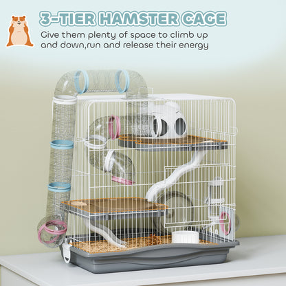 3-Tier Hamster Cage, Portable Gerbil Cage with Exercise Wheels, Water Bottle, Food Dish, for Dwarf Hamsters, Mouse, Grey