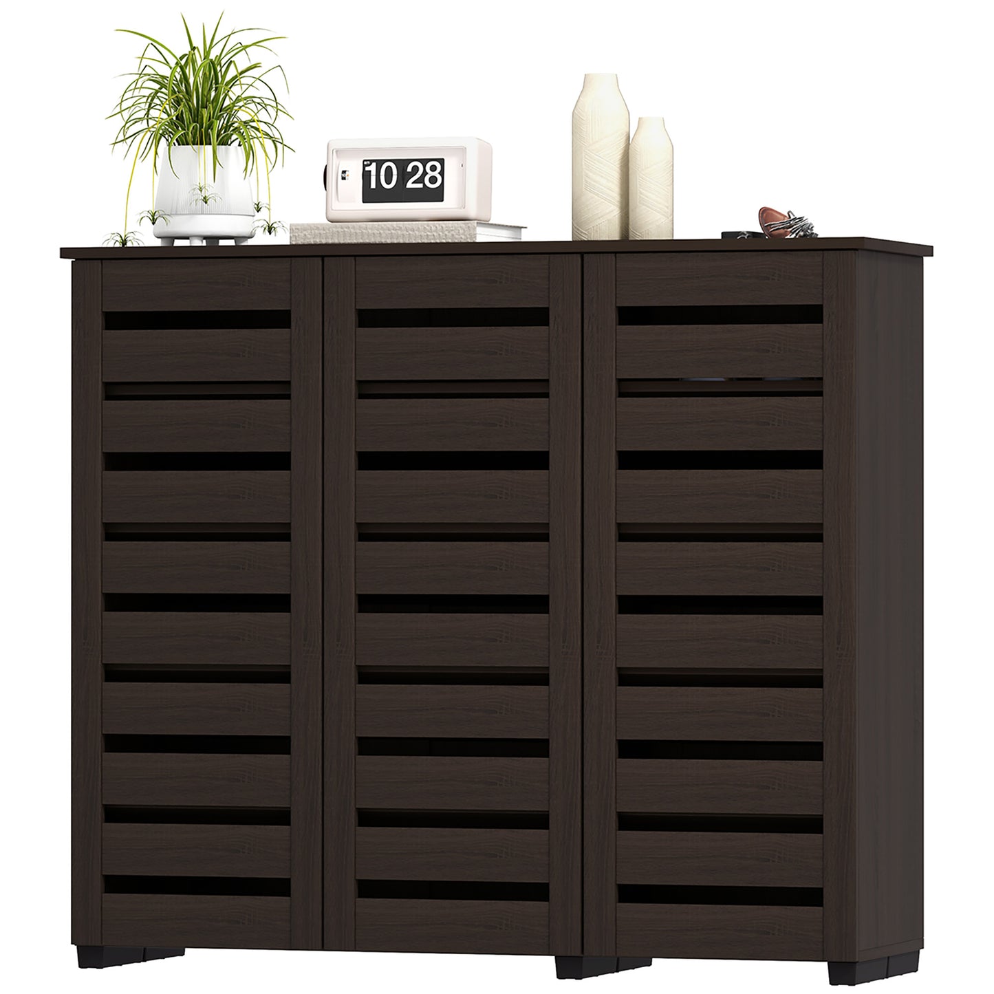Narrow Shoe Cabinet with Slatted Doors, Adjustable Shelves for 20 Pairs of Shoes, Shoe Cabinet for Entryway, Dark Brown
