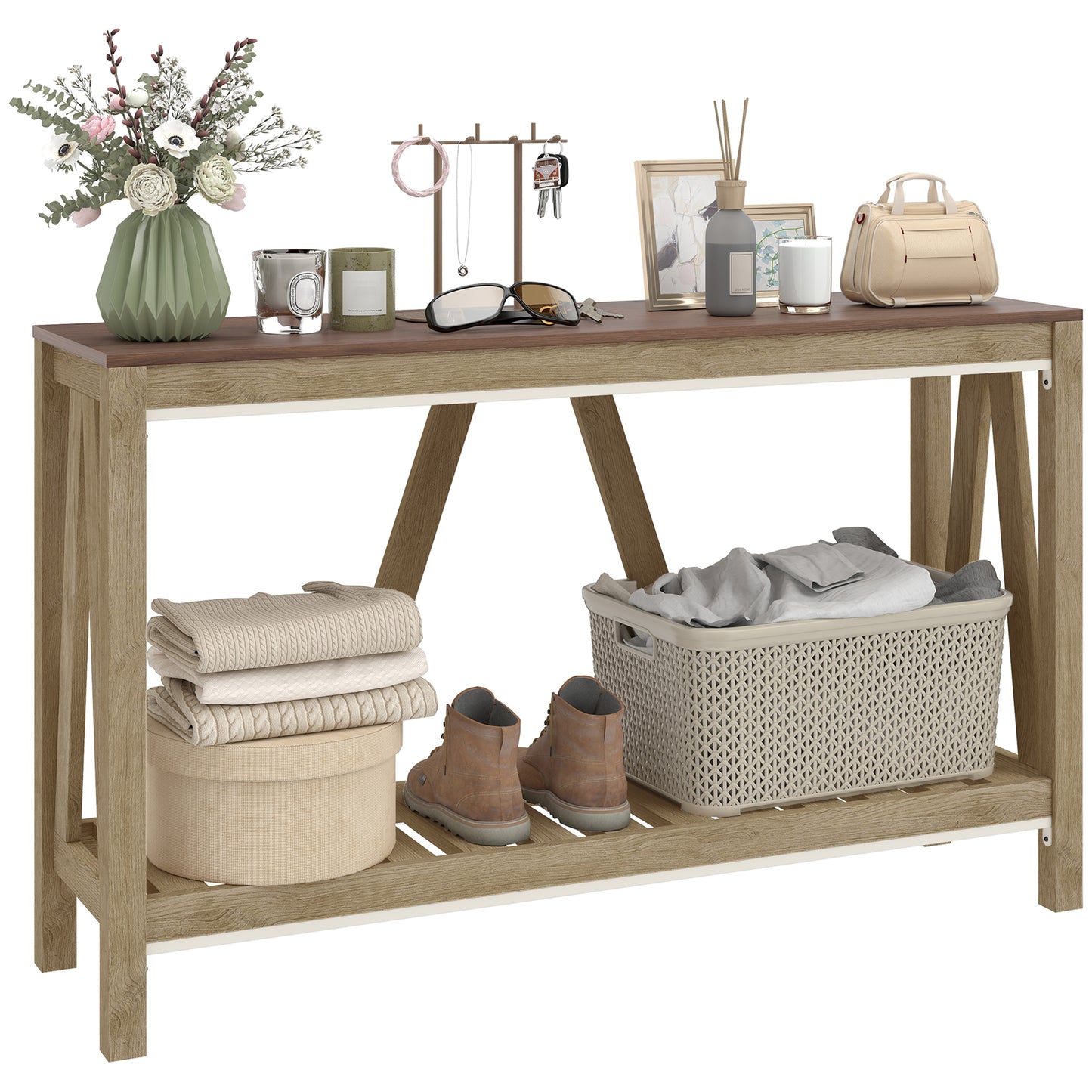 52" Console Table, Farmhouse Narrow Entryway Table with Storage Shelf, Rustic Sofa Table with Anti-tipper for Living Roo