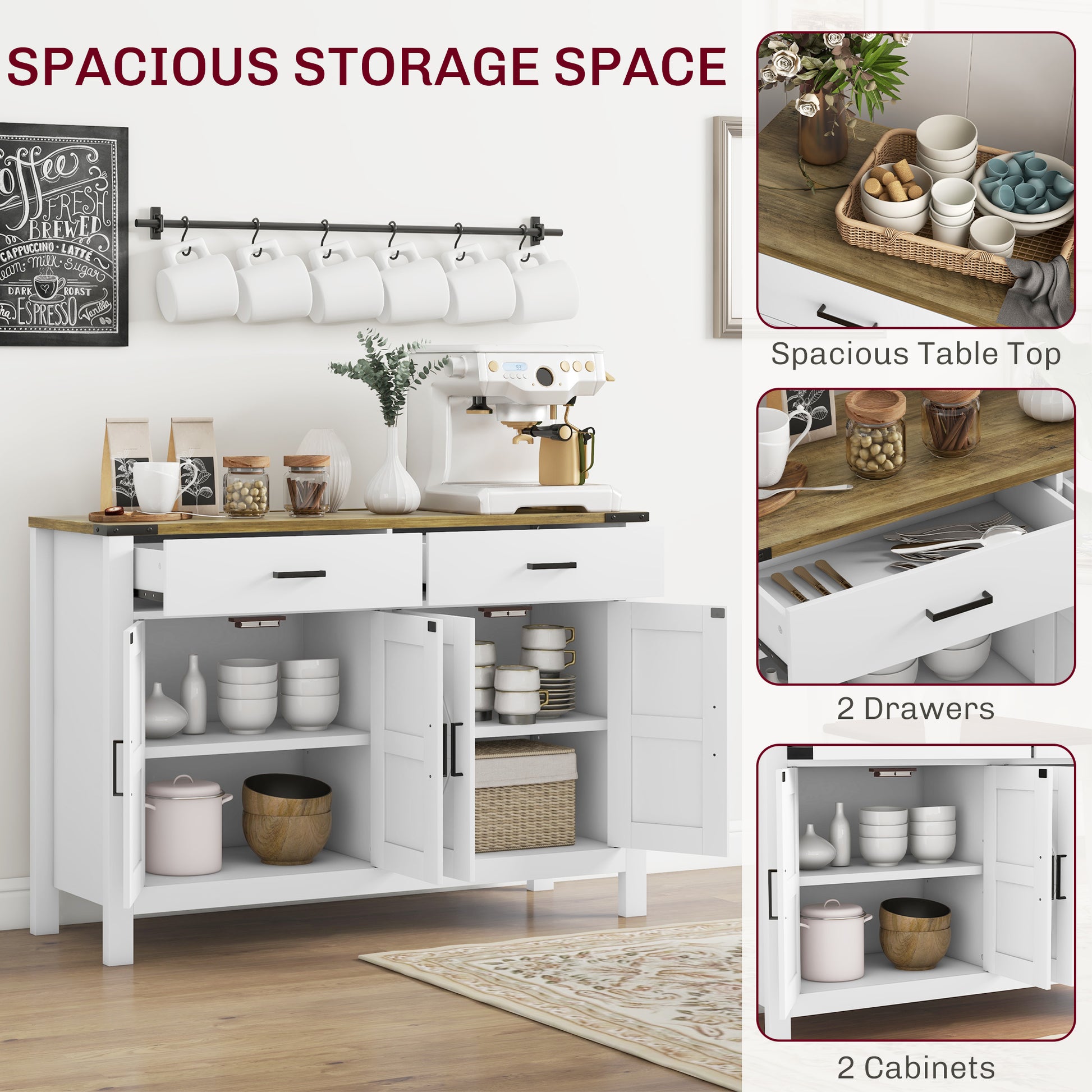 Sideboard Buffet Cabinet, Farmhouse Kitchen Storage Cabinet w/ 2 Drawers and Shelves for Living Room, Entryway