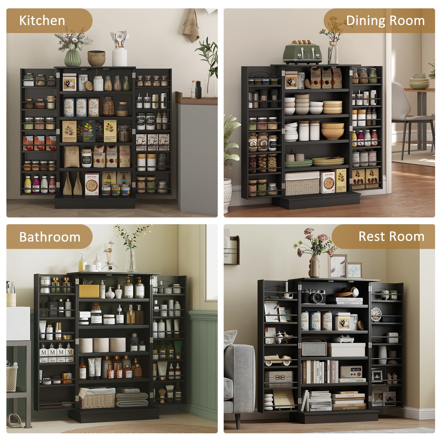 41" Kitchen Pantry Cabinet with 5-tier Shelving, 12 Spice Racks, Anti-Tipping, 2-Door Storage Cabinet with 3-Level Adjus