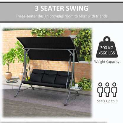 3-Seat Outdoor Swing Chair Steel Swing Bench with Adjustable Canopy & Coffee Tables & Cushion for Patio Garden, Black