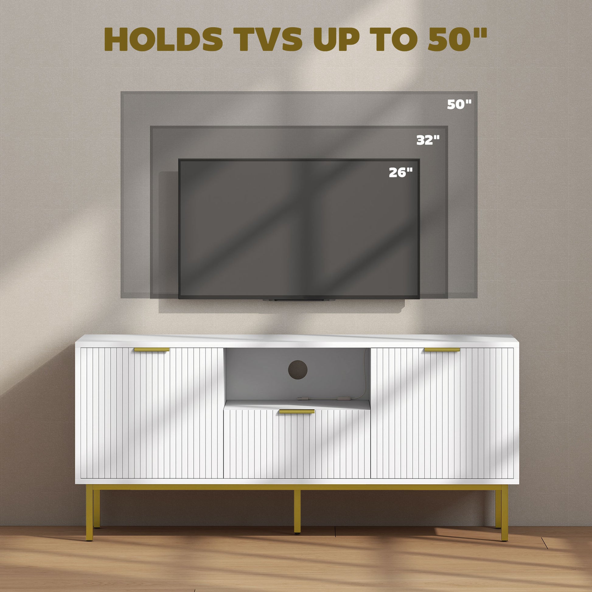 Modern TV Console for TVs up to 50 Inch, Entertainment Center with Smart RGB LED Lights and Soft Close Doors, White