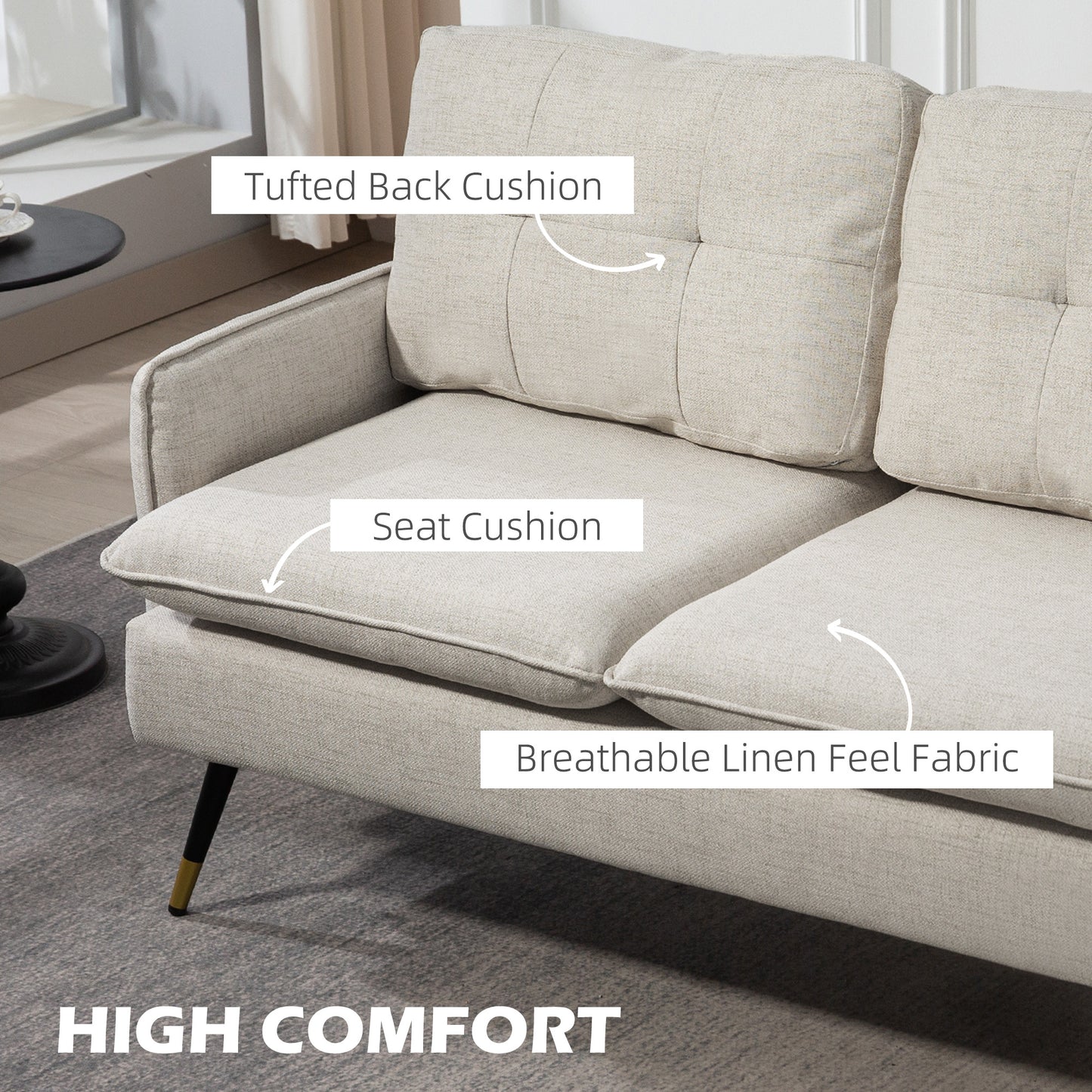 55" Loveseat Sofa, Linen Love Seat w/ S spring, Steel Legs and Button Tufting, Small Couch for Living Room, Cream White