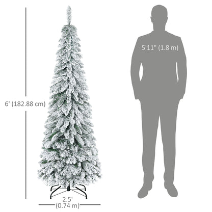 6' Artificial Slim Flocked Christmas Trees, with Snow Frosted Branches, Downswept Shape, Steel Base