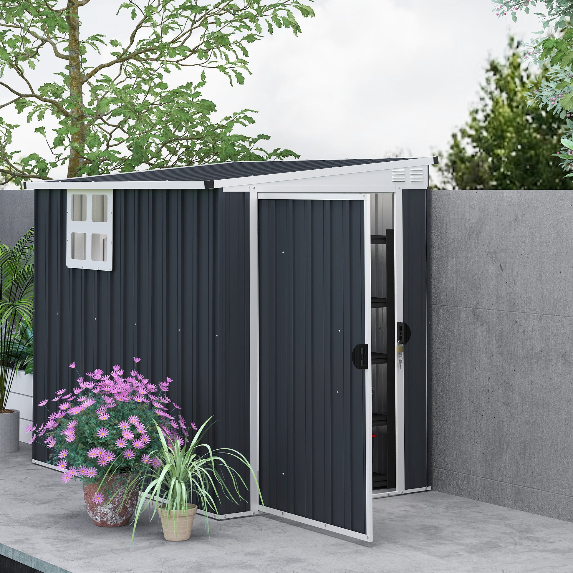 4' x 6' Outdoor Storage Shed, Metal Garden Shed with Window, 2 Vents and Lockable Door for Backyard, Garden, Patio
