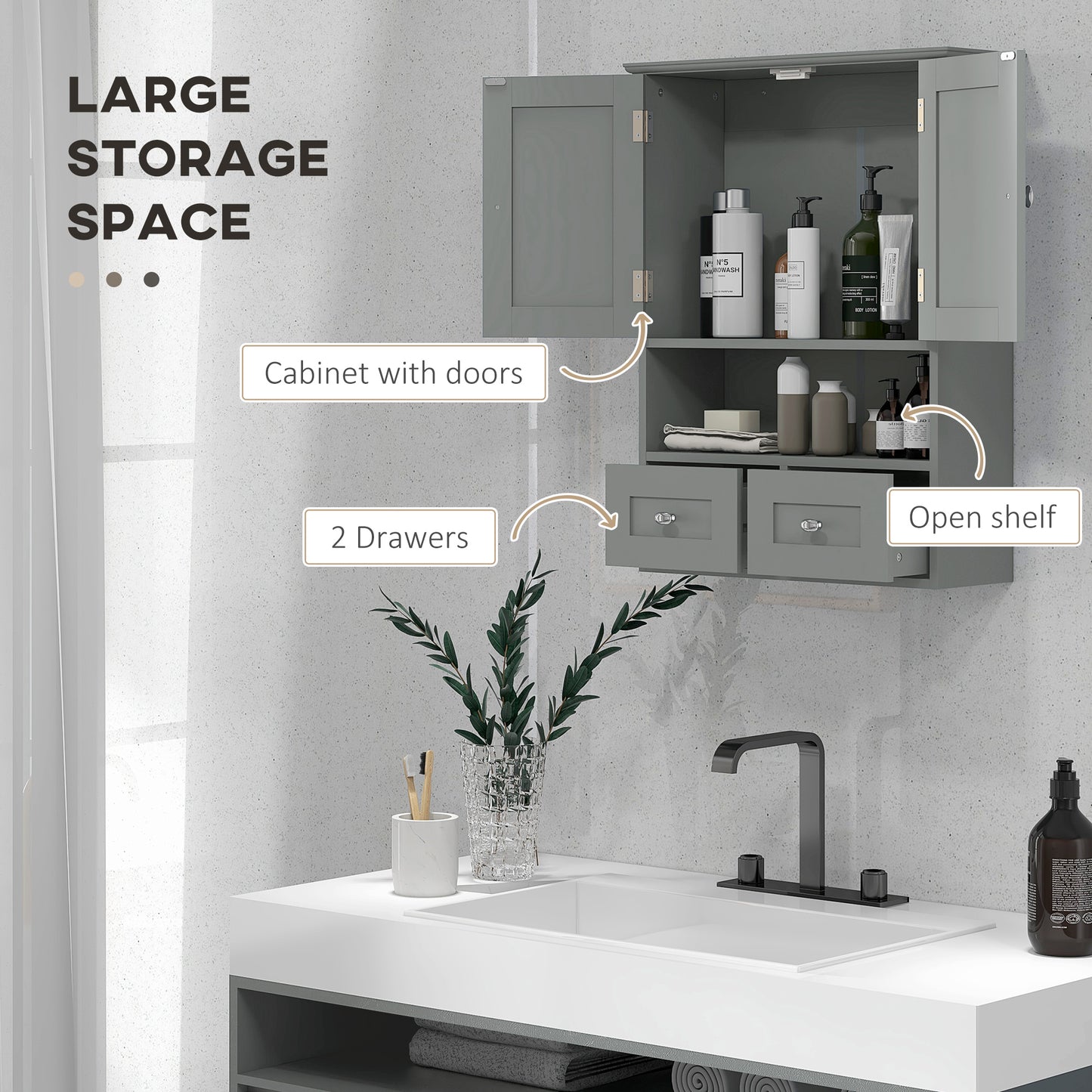 Bathroom Wall Cabinet with 2 Drawers, Modern Medicine Cabinet with 2 Doors and Open Shelf, Over the Toilet Storage Organ