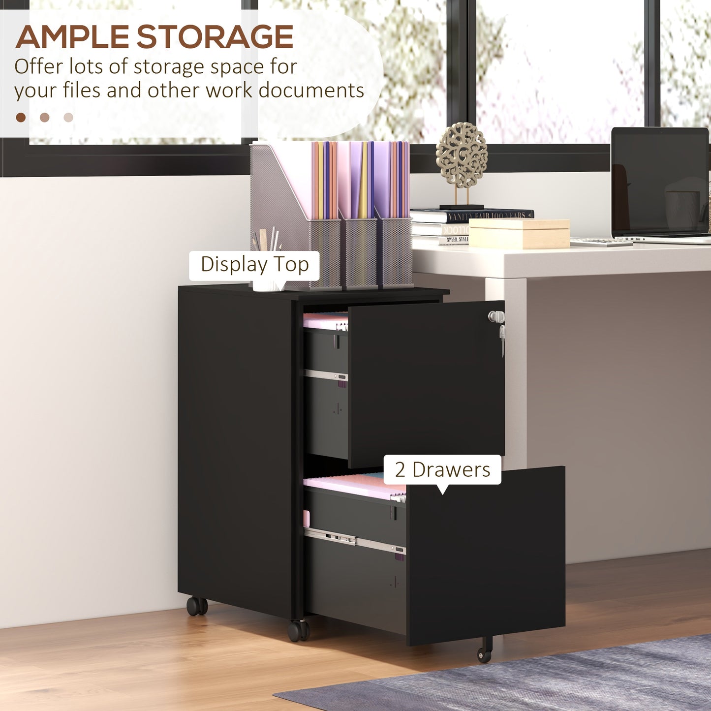 Vertical Steel Filing Cabinet on Wheels, 2-Drawer Lockable File Cabinet with Adjustable Hanging Bar for A4, Legal and Le