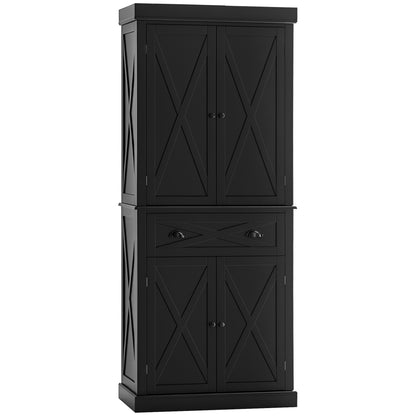 72.5" Kitchen Pantry Cabinet, Freestanding Storage Cabinet with 4 Doors, Drawer and Adjustable Shelves, Black