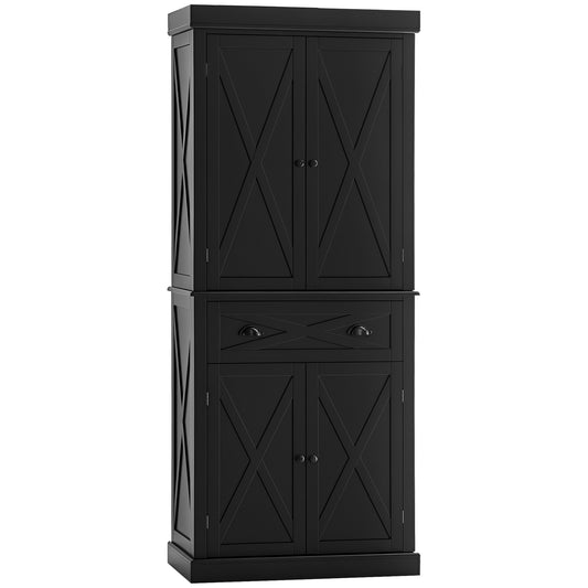 72.5" Kitchen Pantry Cabinet, Freestanding Storage Cabinet with 4 Doors, Drawer and Adjustable Shelves, Black