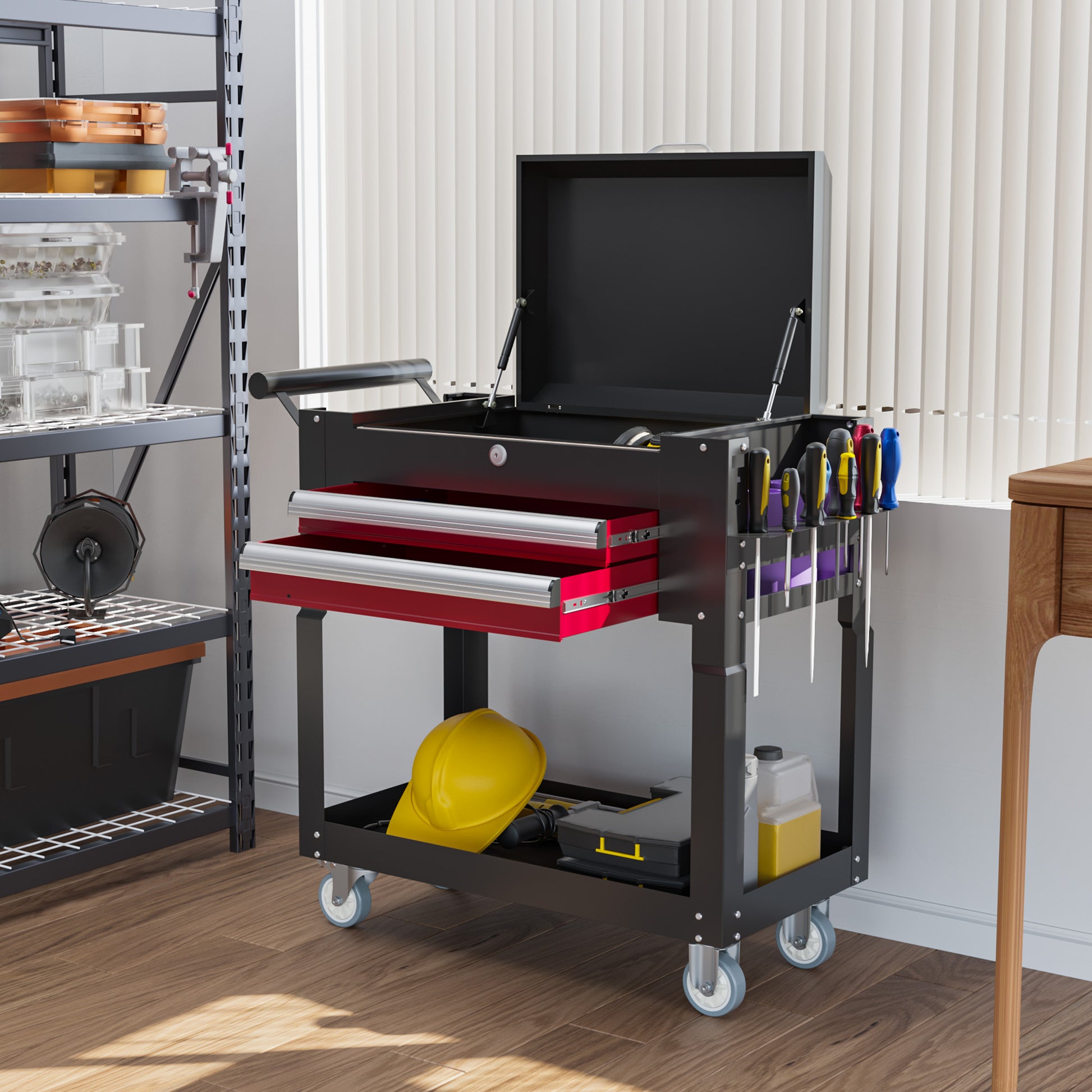 Tool Cart on Wheels Service Cart with 2 Drawers Tray Lockable Flip Top Storage for Garage Warehouse Workshop Black