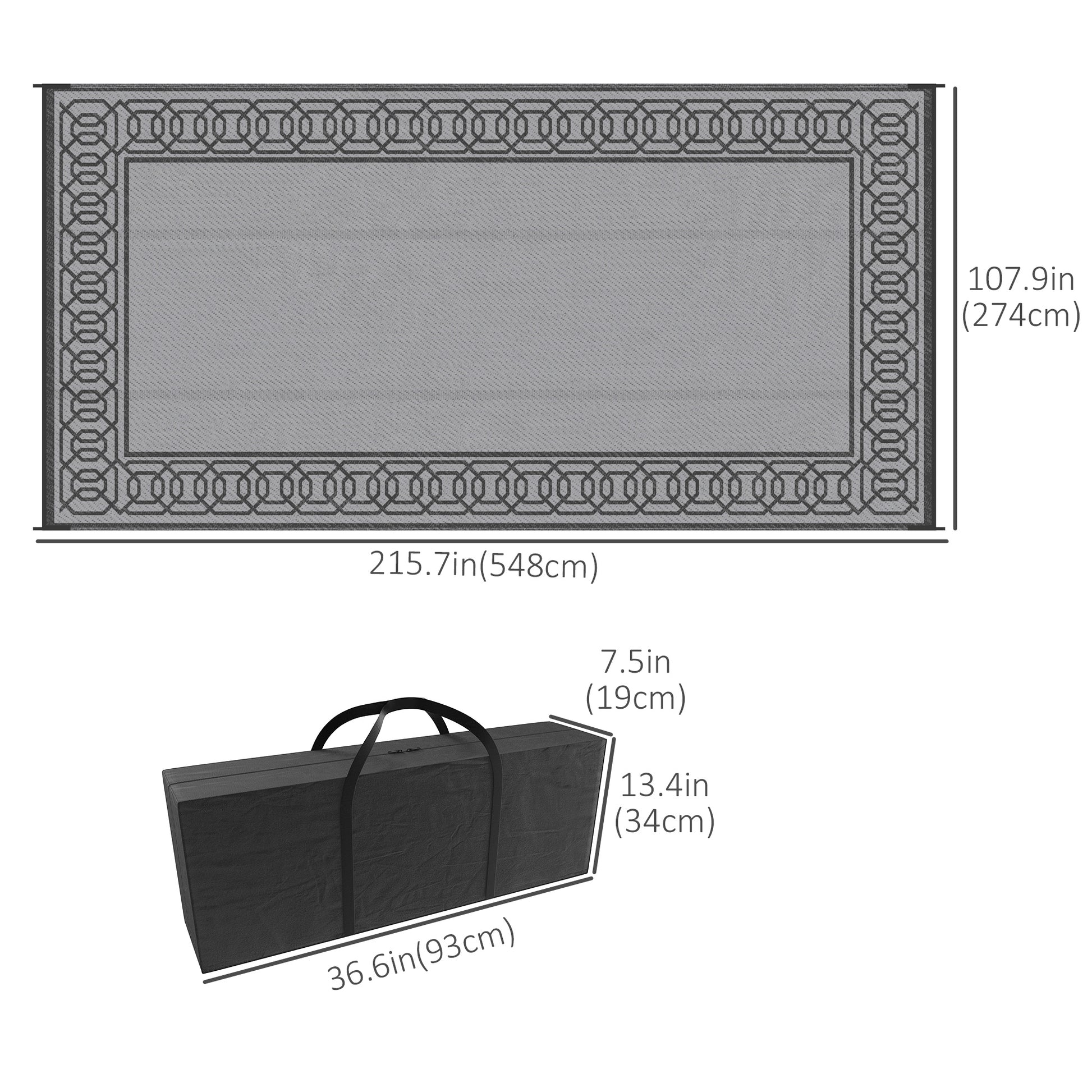 Portable Outdoor Rug with Carrying Bag, 9' x 18' Reversible Mat, Waterproof Plastic Straw RV Rug, Black and Grey