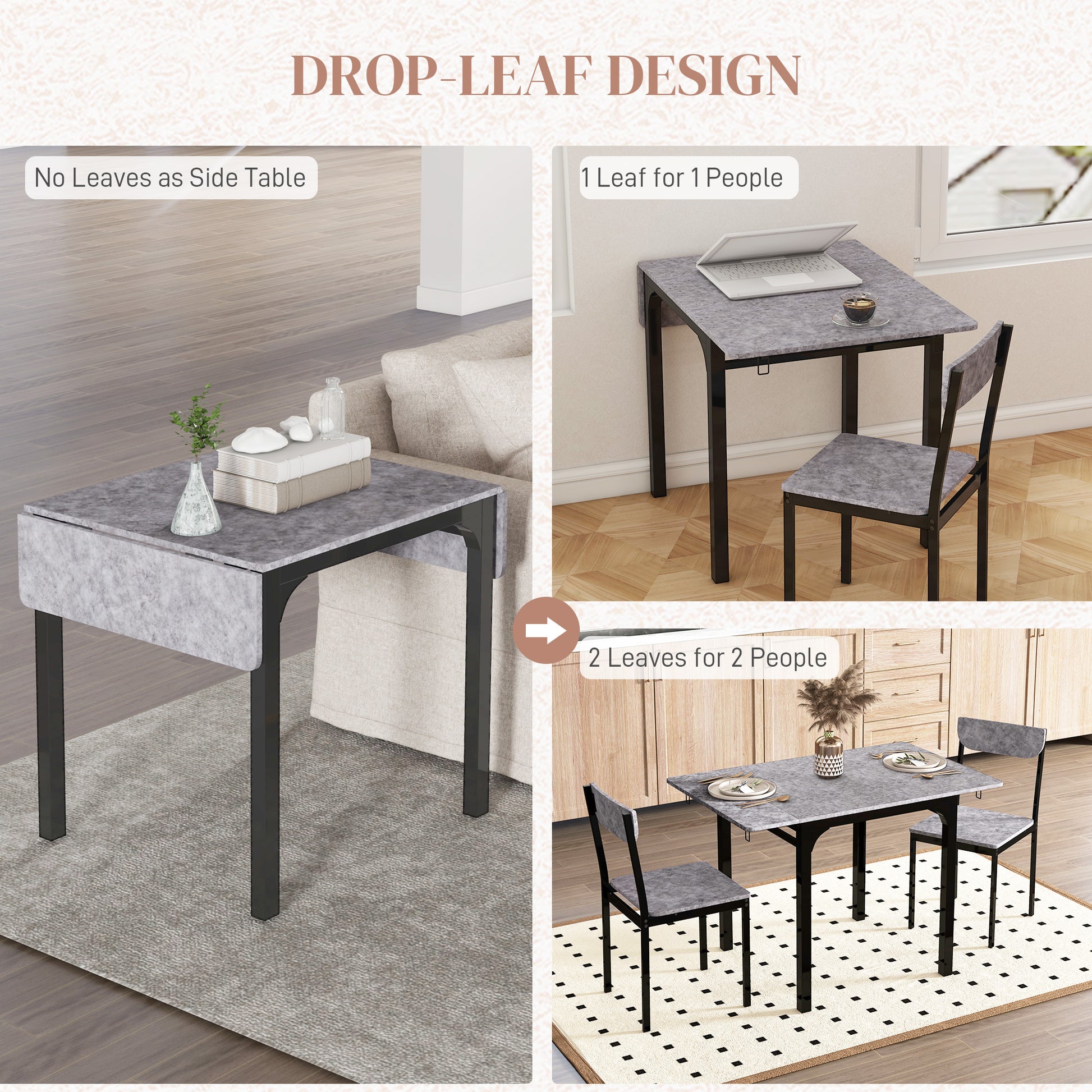Foldable Dining Table Set for 2, Drop-Leaf Kitchen Table with 2 Chairs for Apartments, Studios, Natural Drop-leaf Dining