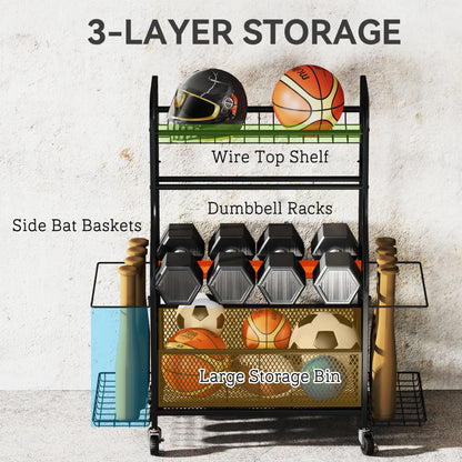 Soozier Garage Sports Equipment Organizer, Rolling Home Gym Storage Rack with Wheels, Dumbbell Rack and Ball Storage Hol